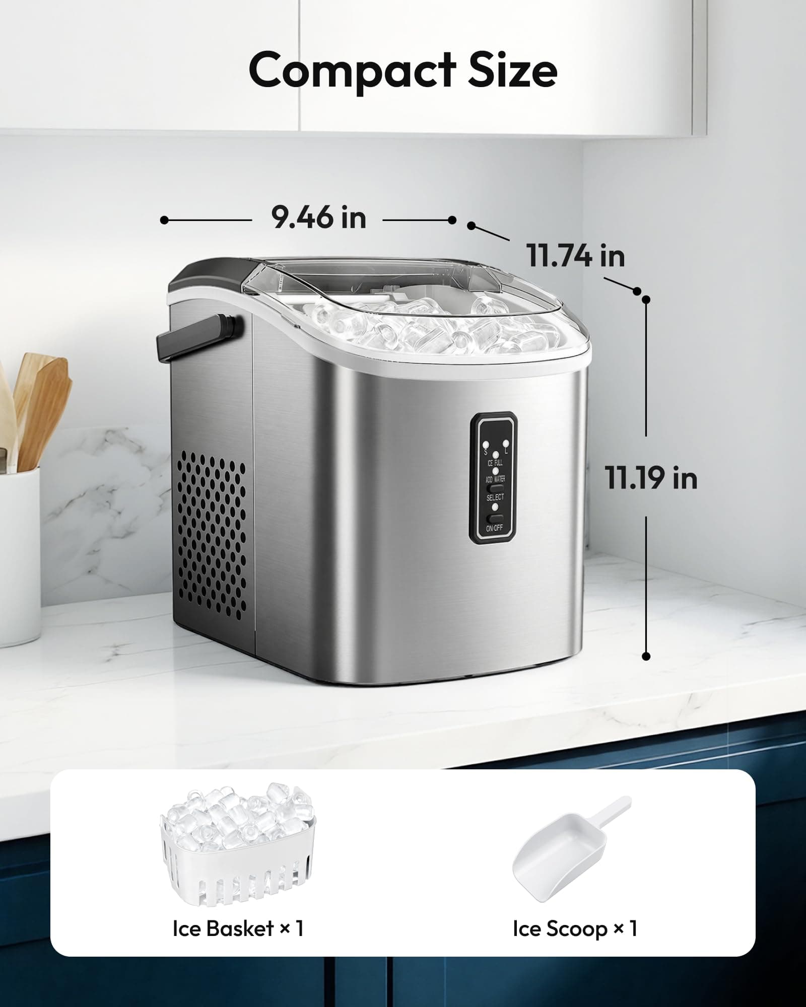 EUHOMY Ice Maker Countertop, 9 Cubes Ready in 6 Mins, 26lbs/24H, Self-Cleaning, Portable Ice Maker Machine with Carry Handle, Basket and Scoop, 2 Sizes of Bullet Ice for Home, Kitchen, Office, view 8