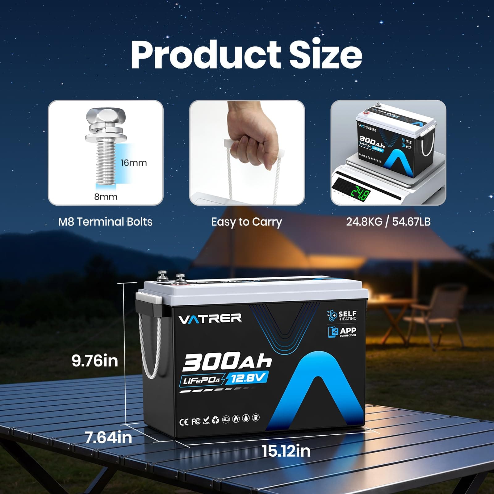 12V 300Ah Self-Heating LiFePO4 Lithium Battery with APP Monitoring, view 2