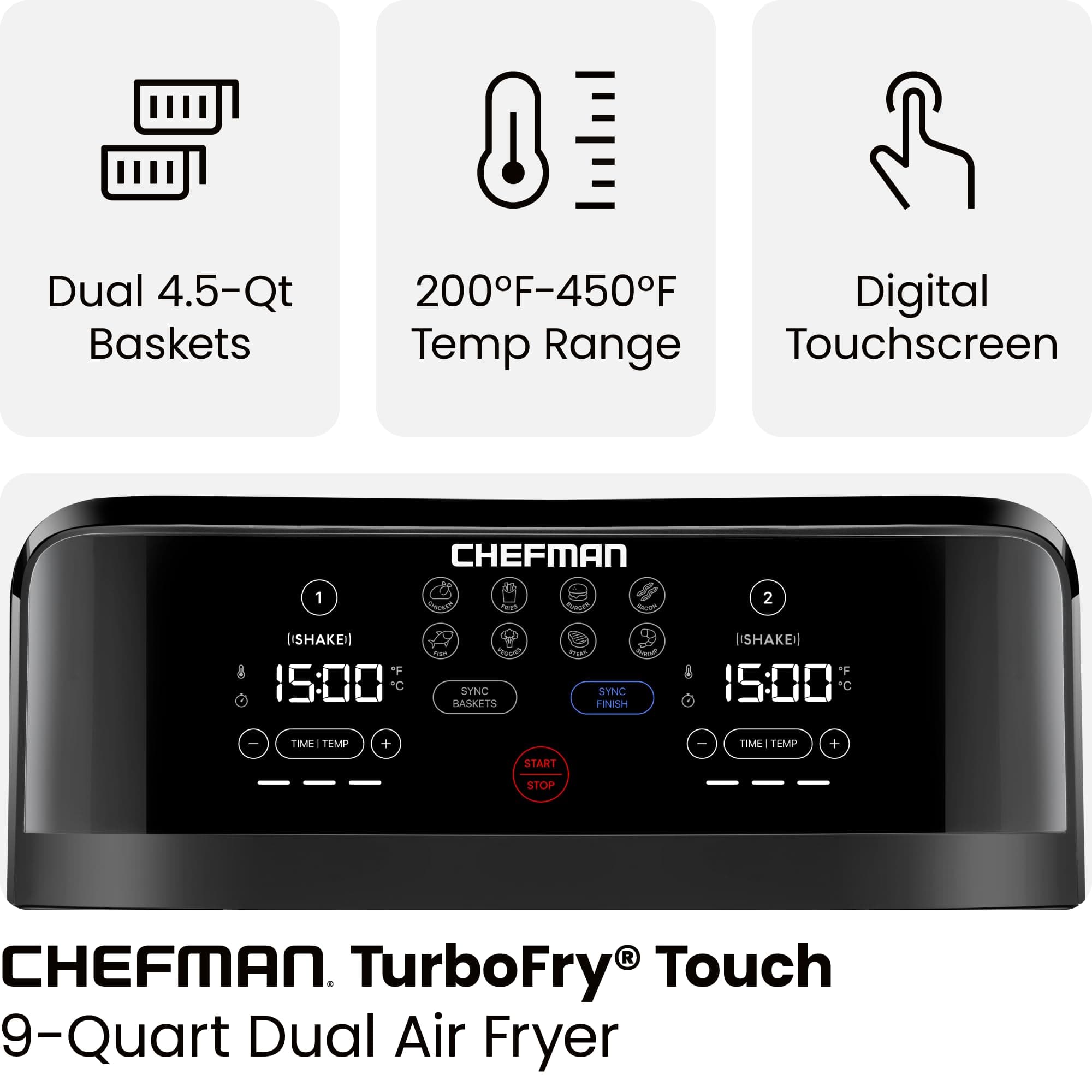 Chefman TurboFry Touch Dual Air Fryer, Maximize The Healthiest Meals With Double Basket Capacity, One-Touch Digital Controls And Shake Reminder For The Perfect Crispy And Low-Calorie Finish, view 3