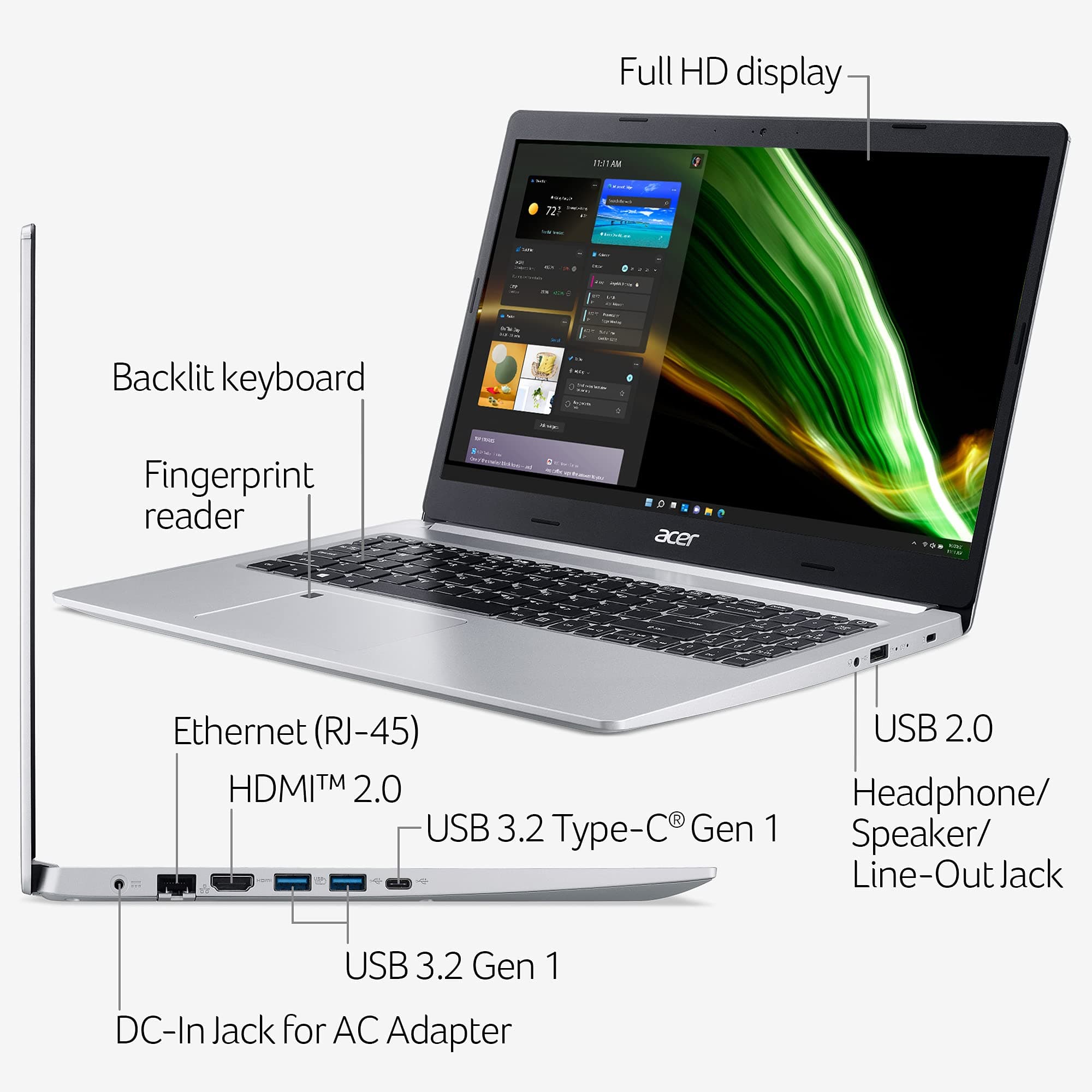 Acer Aspire 5 A515-46-R3UB | 15.6" Full HD IPS Display | AMD Ryzen 3 3350U Quad-Core Mobile Processor | 4GB DDR4 | 128GB NVMe SSD | WiFi 6 | Backlit KB | FPR | Amazon Alexa | Windows 11 Home in S mode, view 5