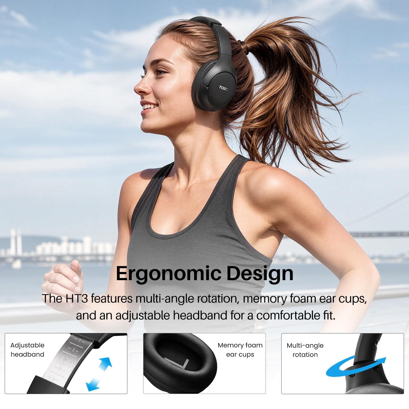 TOZO HT3 Hybrid Noise Cancelling Wireless Headphones, 90H Over Ear Headset, view 9