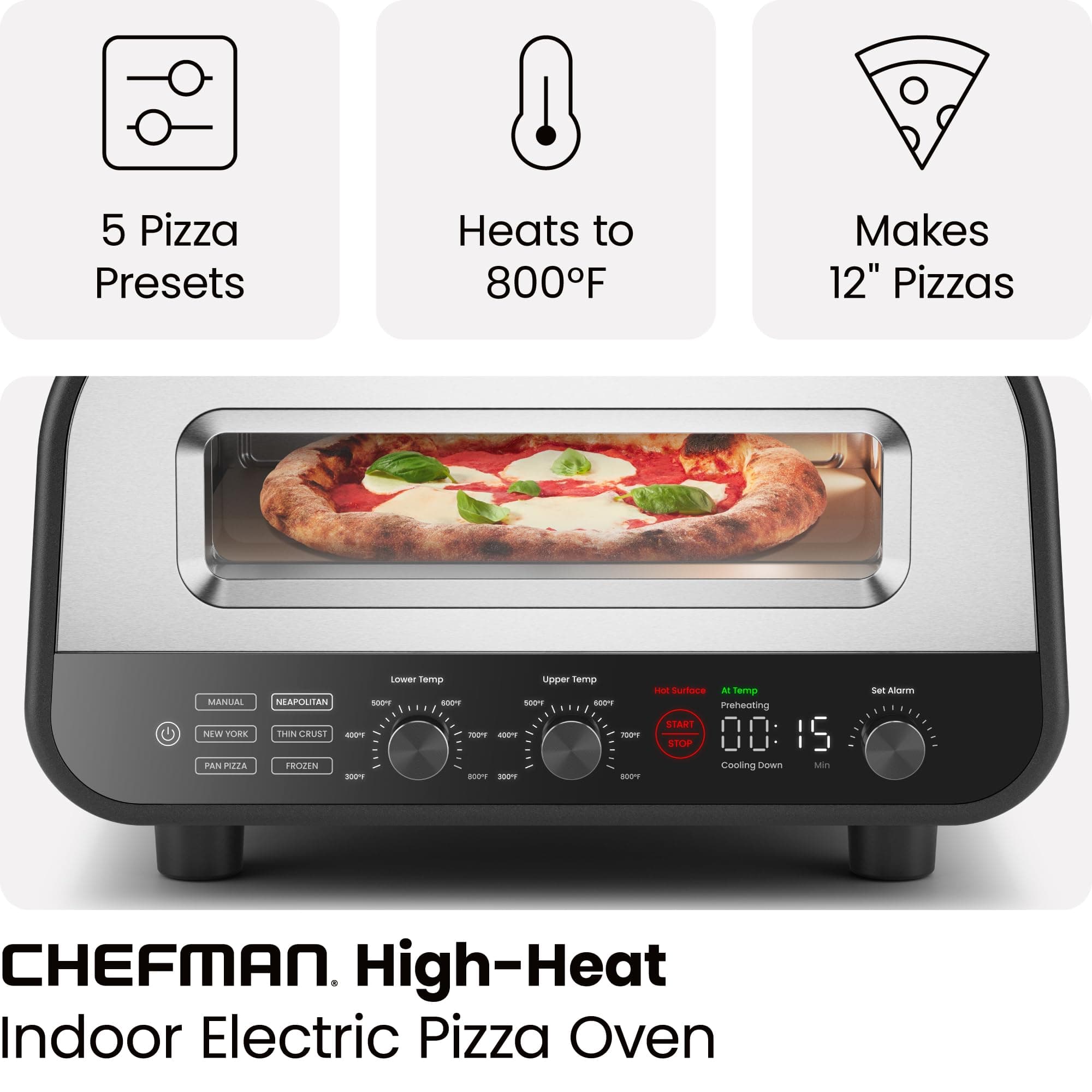 CHEFMAN Indoor Pizza Oven - Makes 12 Inch Pizzas in Minutes, Heats up to 800°F - Countertop Electric Pizza Maker with 5 Touchscreen Presets, Pizza Stone and Peel Included - Stainless Steel, view 2