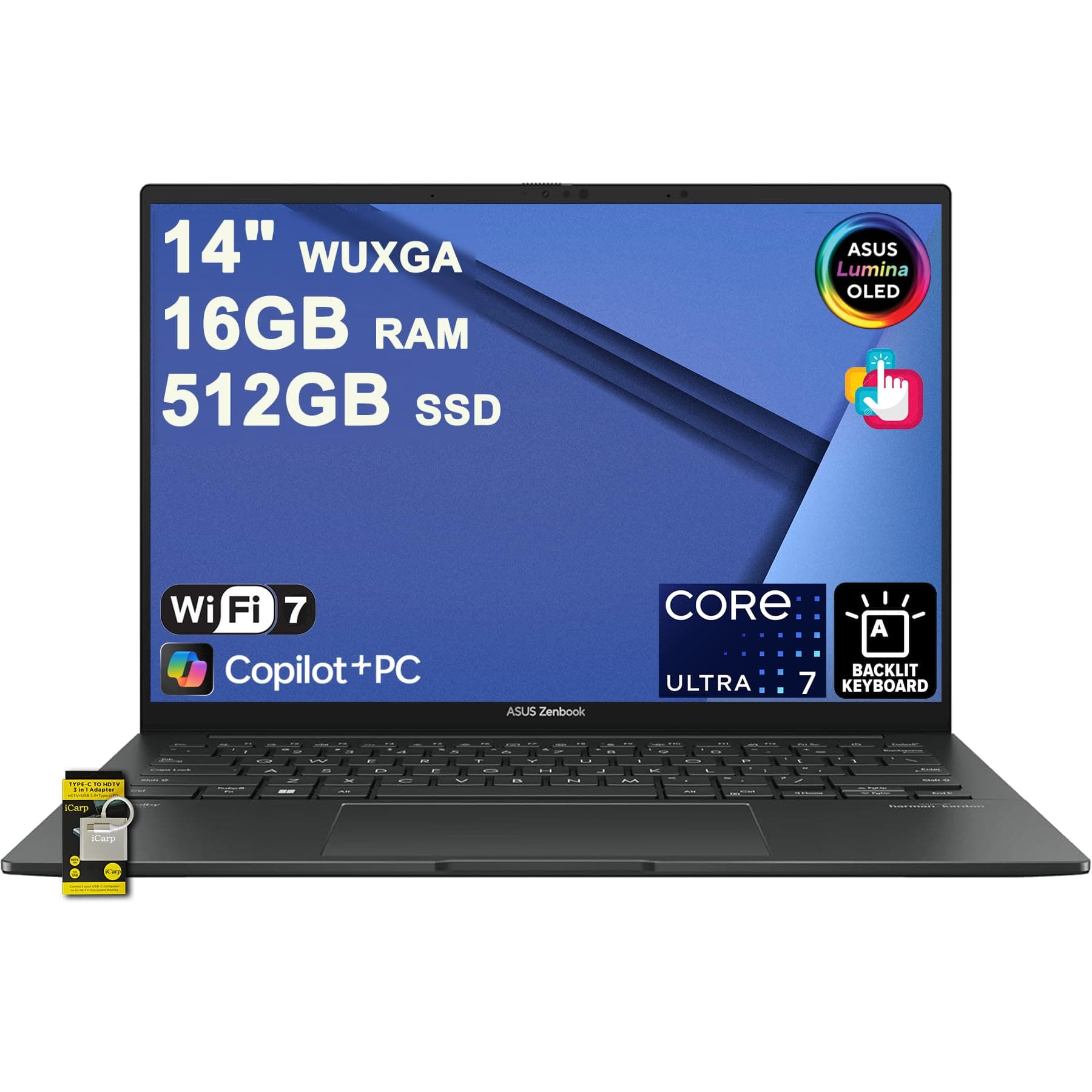 ASUS Zenbook 14 Laptop 14" WUXGA OLED Touch (500nits HDR, 100% DCI-P3) Intel 16-core Ultra 7 255H (>Ultra 9 185H) 16GB RAM 512GB SSD for Creator Business Professional Win11 ICP Hub