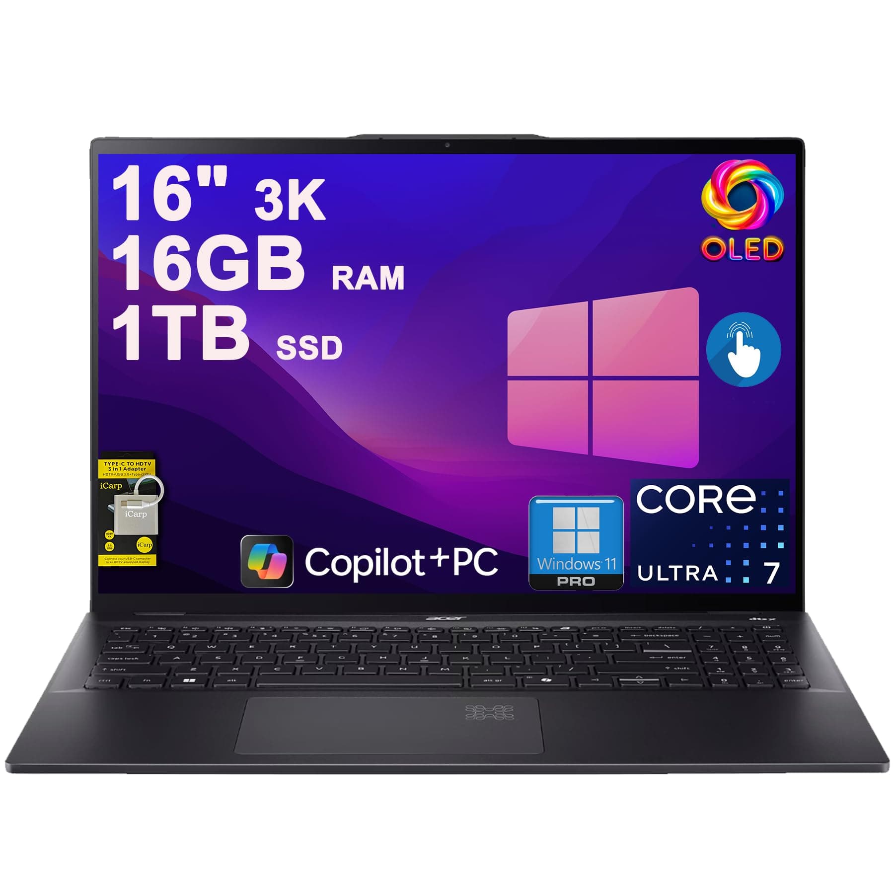 Acer Swift 16 AI Laptop 16" 3k OLED 120Hz Touch (100% DCI-P3) Intel 8-core Ultra 7 256V (Up to 47 Tops) 16GB RAM 1TB SSD Backlit Fingerprint for Designer Business Work Win11Pro ICP Hub