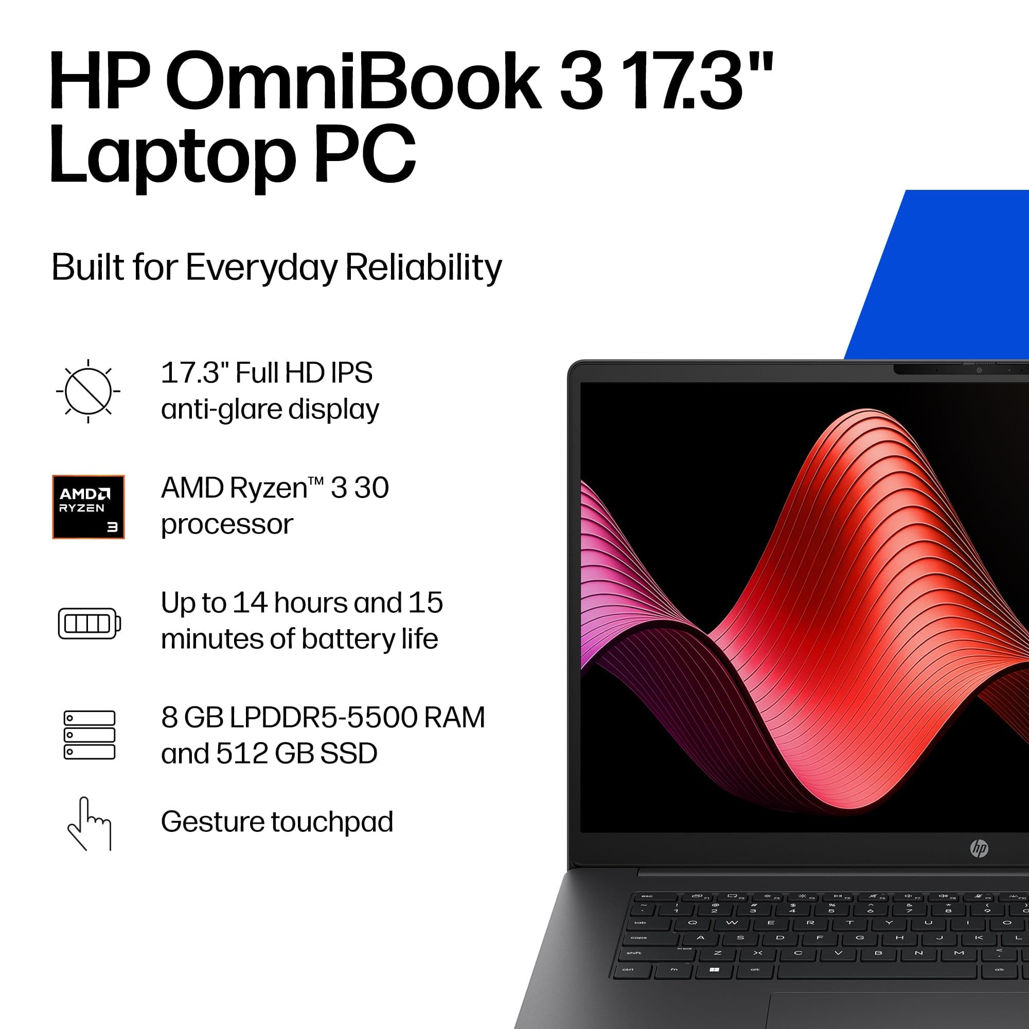 HP OmniBook 3 17.3 inch Laptop PC, FHD Display, AMD Ryzen 3 30, 8 GB RAM, 512 GB SSD, AMD Radeon 610M Graphics, Windows 11 Home, Mica Silver, 17-dp0199nr, view 2