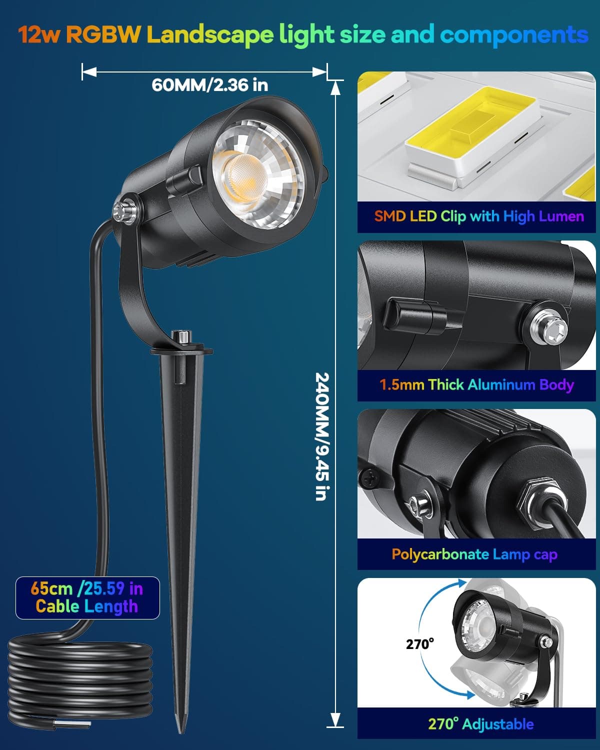 HIBOITEC RGBWW Low Voltage Landscape Lights 12-Pack, ETL Listed IP65 Outdoor LED Spotlights with Timer & Dual Remote, 12-24V Color Changing Uplighting for Yard Trees(Transformers NOT Included), view 9