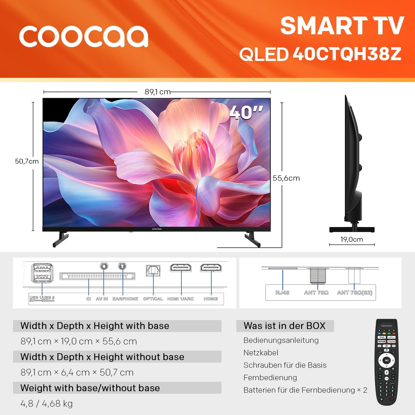 coocaa 40 Zoll Fernseher, 100cm, QLED FHD Smart TV, Superior QLED Tech, HDR10, HLG, 1.5GB RAM für flüssiges Streaming, Dolby Audio, Triple Tuner DVB-T/-T2/-C/-S/-S2 CI+,Bluetooth 5.1, 40CTQH38Z, 2026, view 3