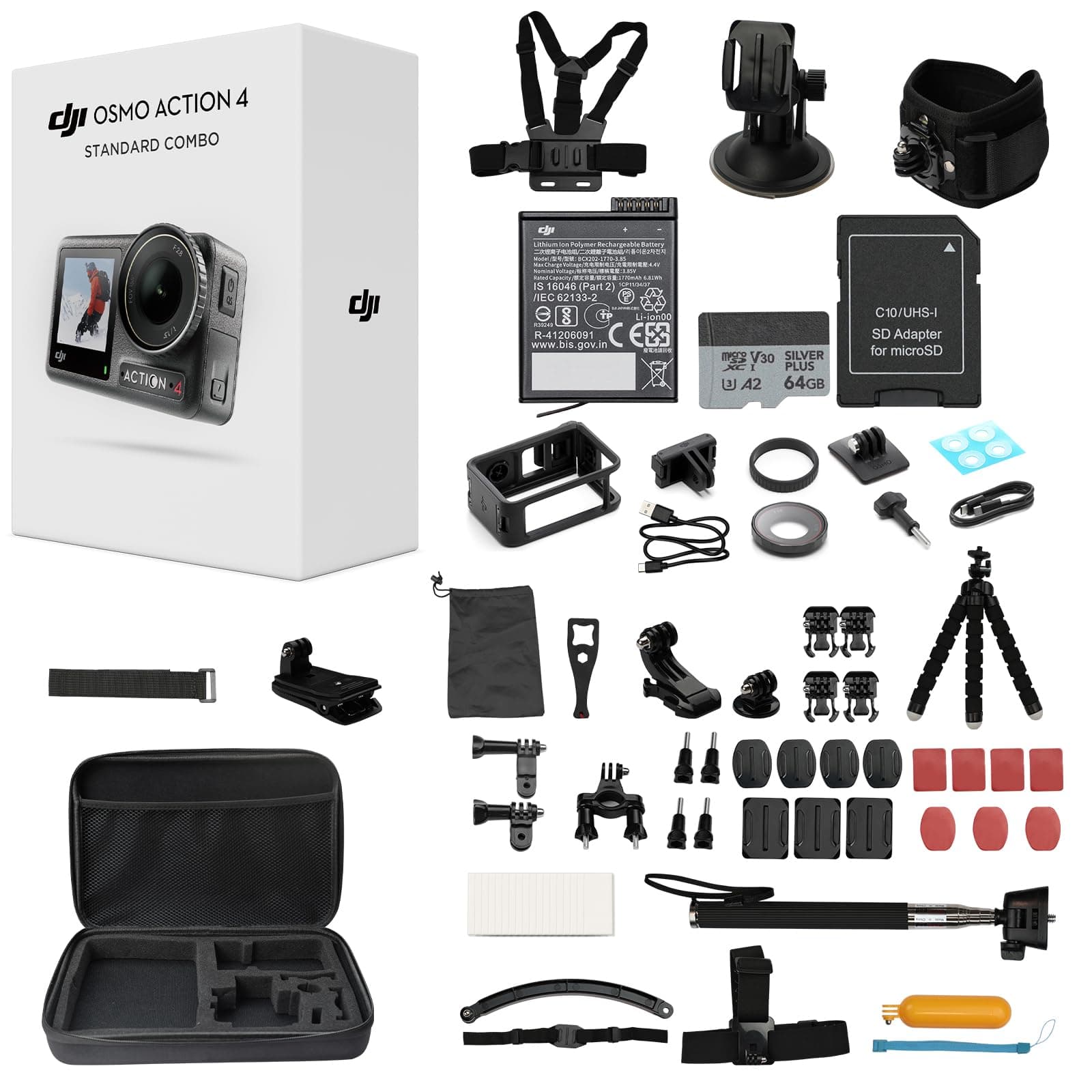 DJI Osmo Action 4 Waterproof Action Camera Bundle, 1/1.3" Sensor