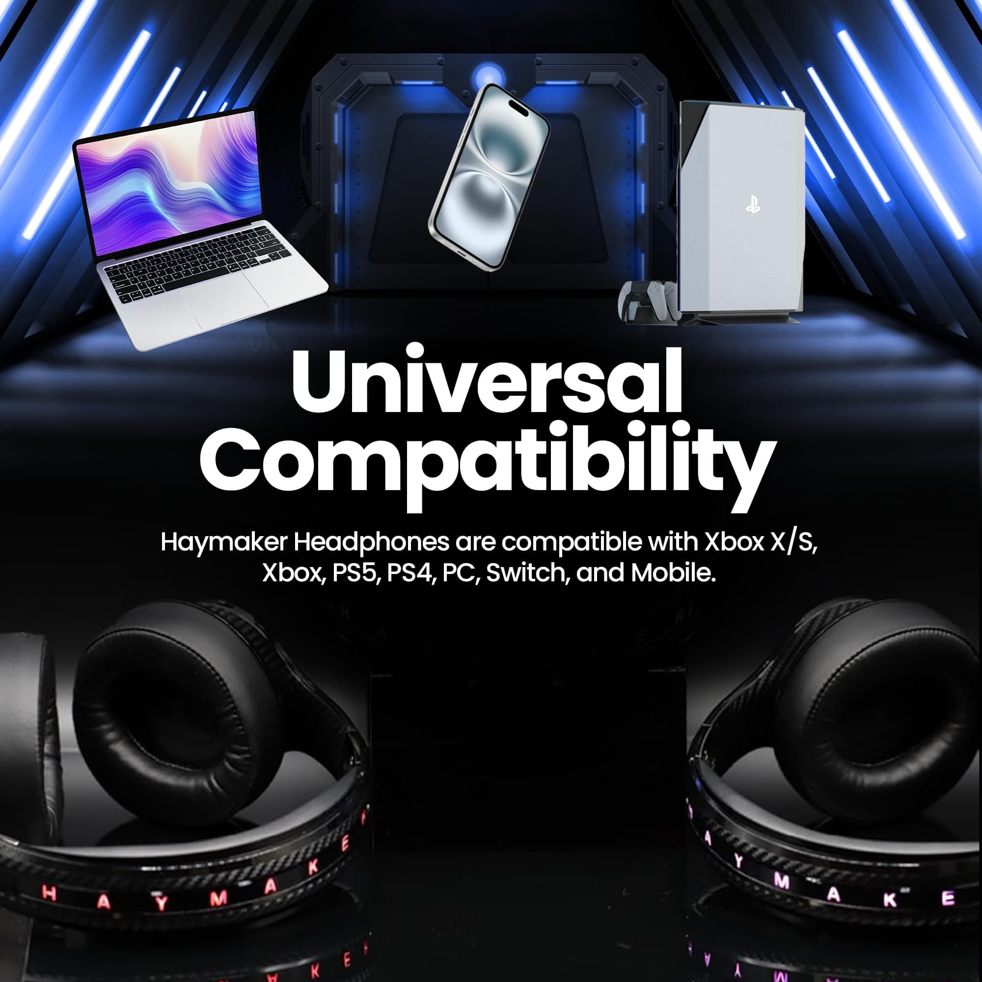 HAYMAKER Noise Cancelling Bluetooth Gaming Headphones - Dirac 3D Surround with 30+ Hr Battery, Touch Controls and RGB - Gaming Headsets for PS5, Xbox, PC, Switch & Mobile, view 5