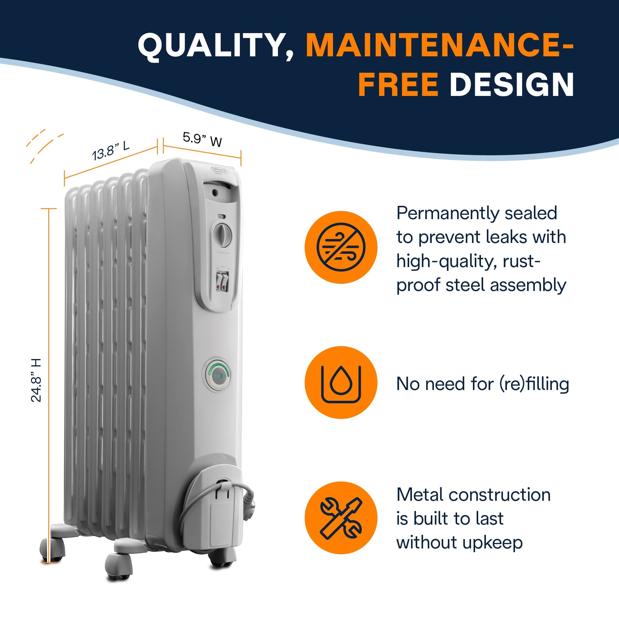 De'Longhi Oil filled Radiator Heater, 1500W Electric Space Heater for indoor use, portable room heater, Energy Saving, full room like office and bedroom with safety features, EW7707CM, view 6