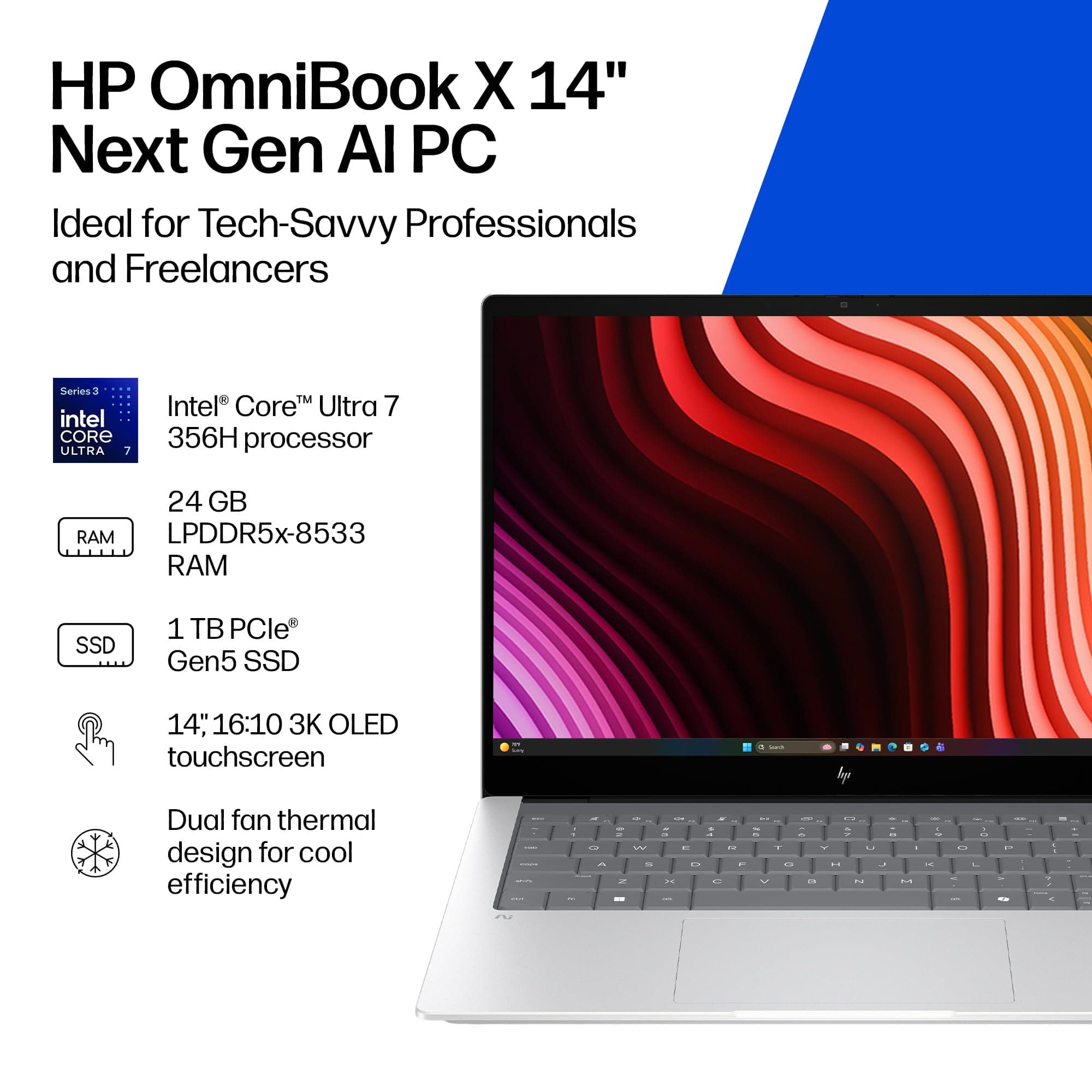 HP OmniBook X 14 inch Next Gen AI PC, 3K Touchscreen, Intel® CORE™ Ultra 7 Processor 356H, 24 GB RAM, 1 TB SSD, Intel Graphics, Windows 11 Home, Glacier Silver, 14-ka0099nr (2026), view 2