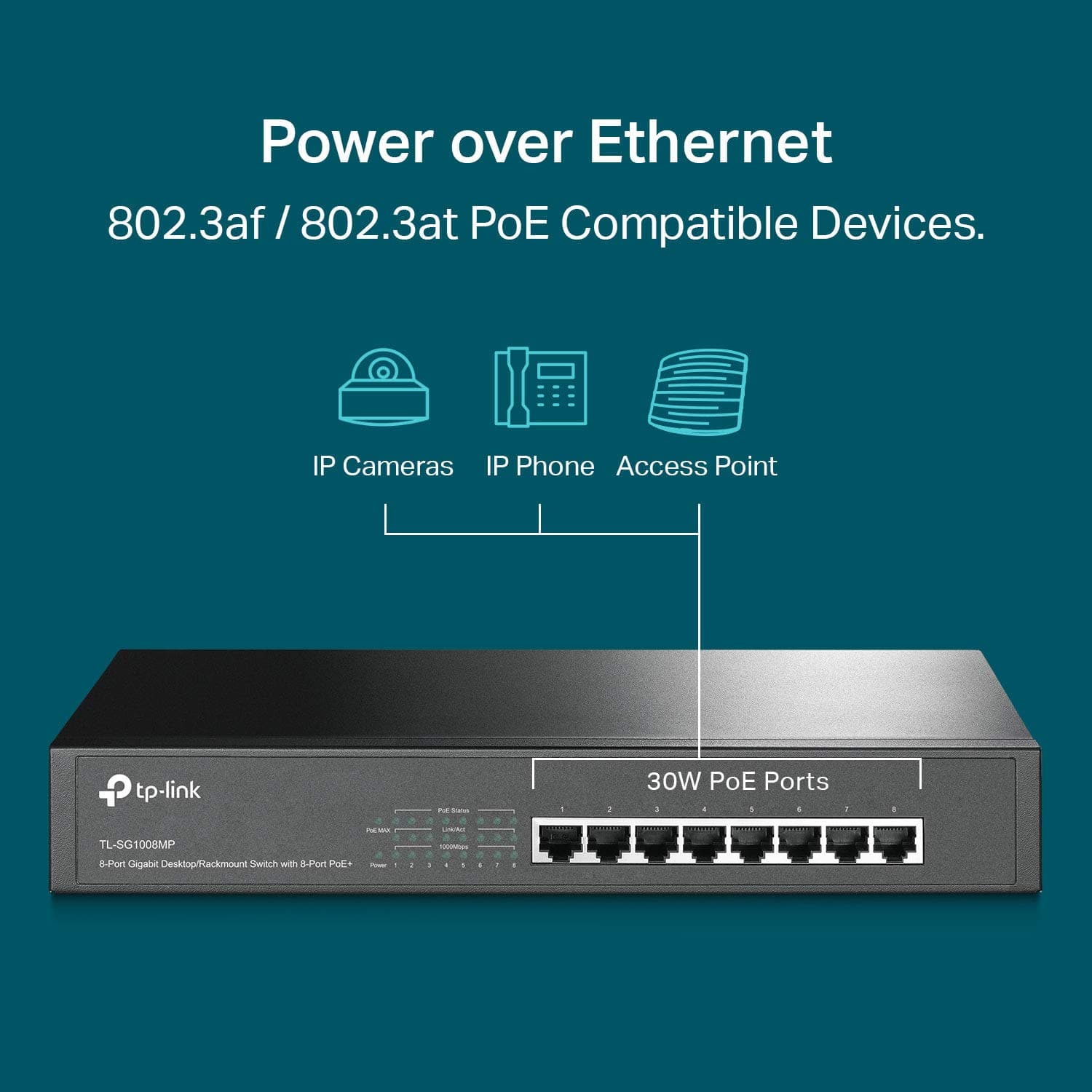 TP-Link 8 Port Gigabit PoE Switch | 8 PoE+ Ports @126W | Plug & Play | Limited Lifetime Protection | Desktop/ Rackmount | Prioritized Power Supply | Sturdy Metal | Shielded Ports (TL-SG1008MP), view 4