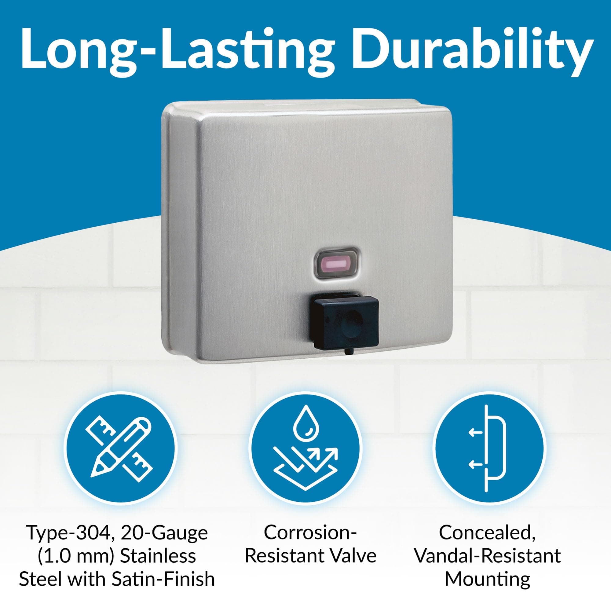 Bobrick Wall-Mounted Liquid Soap Dispenser, Satin-Finish Stainless Steel, 40 fl-oz Capacity, Vandal-Resistant Design with Refill Indicator Window, Top Fill Commercial Bathroom Accessory (Model B-4112), view 4
