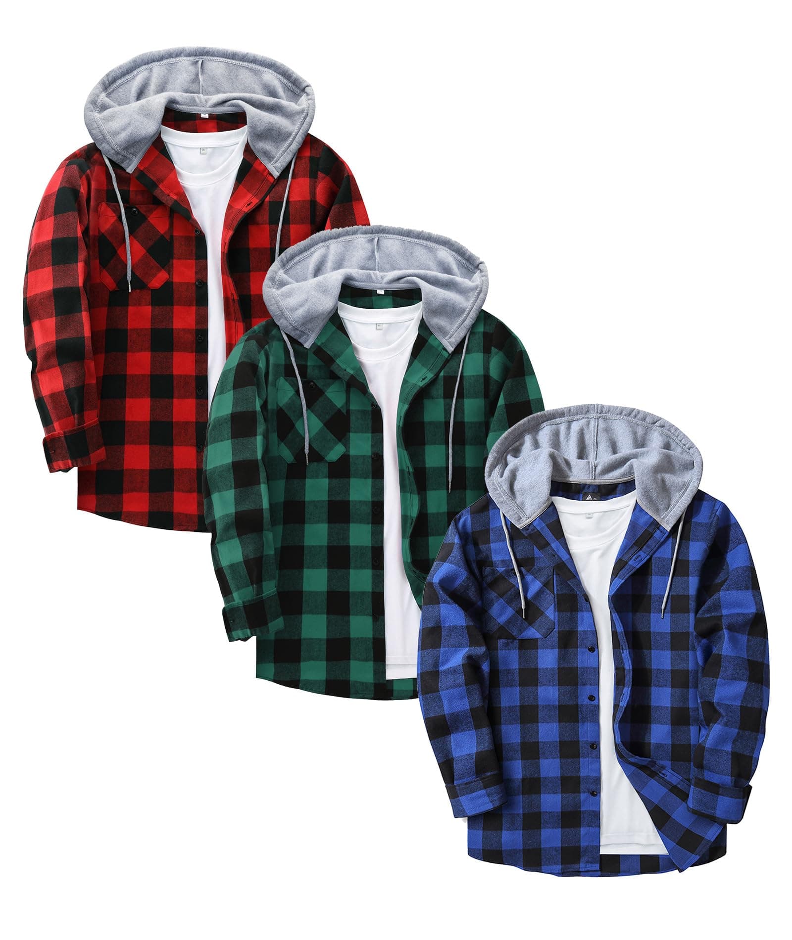 ZITY 3 Pack Men's Flannel Hoodie Shirts Long Sleeve Button Down Plaid Shirt