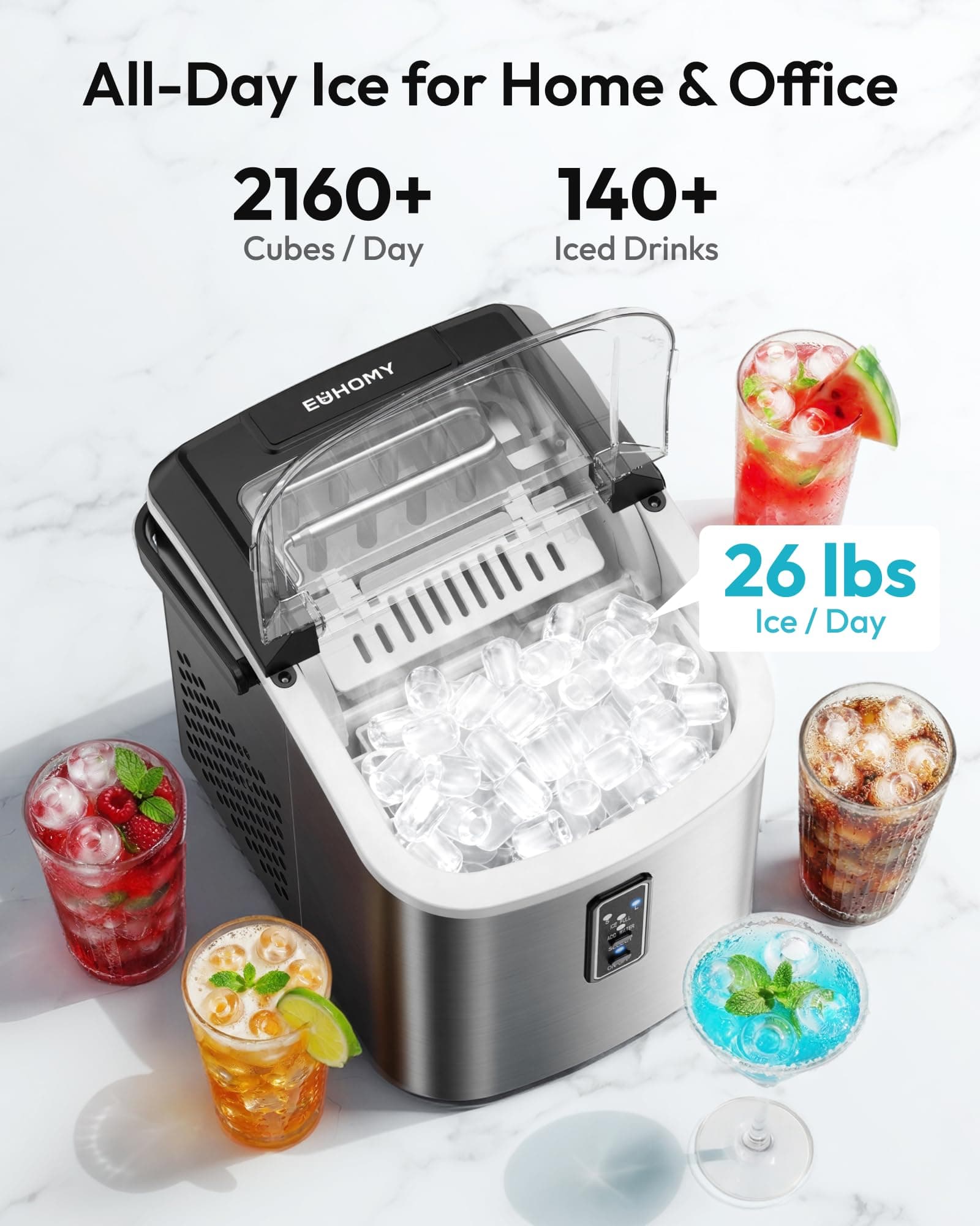 EUHOMY Ice Maker Countertop, 9 Cubes Ready in 6 Mins, 26lbs/24H, Self-Cleaning, Portable Ice Maker Machine with Carry Handle, Basket and Scoop, 2 Sizes of Bullet Ice for Home, Kitchen, Office, view 3