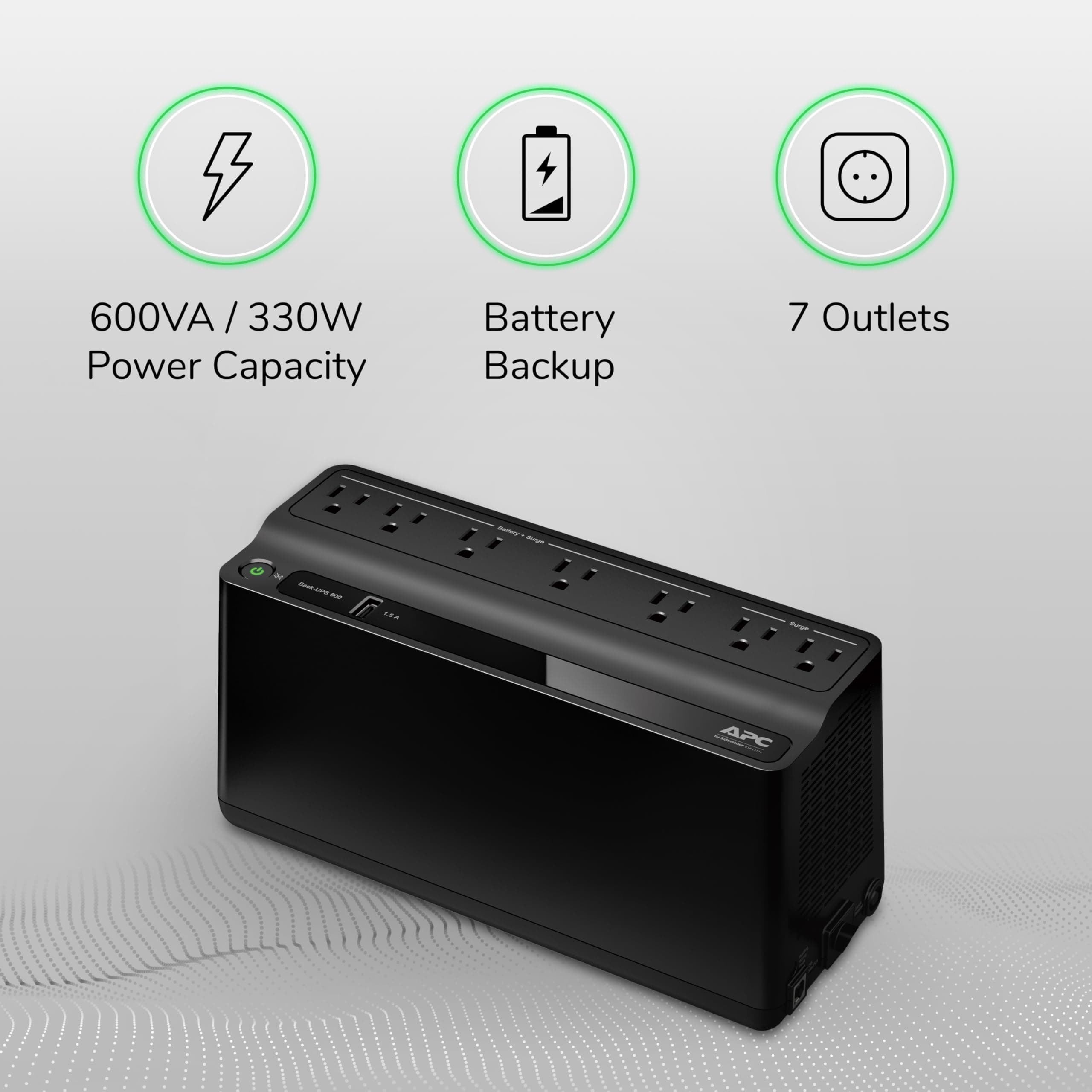 APC UPS 600VA/330W Battery Backup for Computer, Router, NAS, BE600M1, view 5