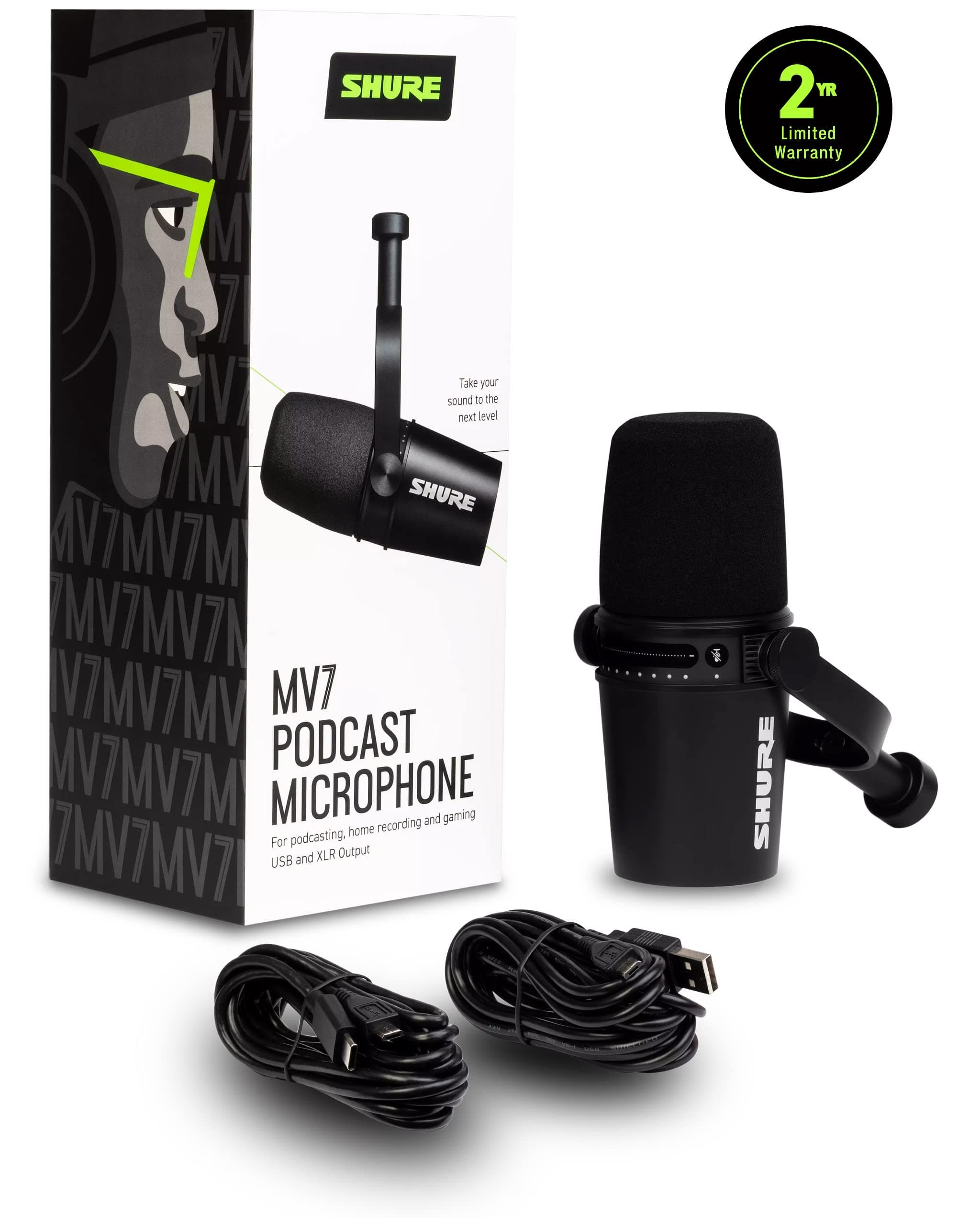 Shure MV7 USB Podcast Microphone for Podcasting, Recording, Live Streaming & Gaming, Built-in Headphone Output, All Metal USB/XLR Dynamic Mic, Voice-Isolating Technology, TeamSpeak Certified - Black, view 2