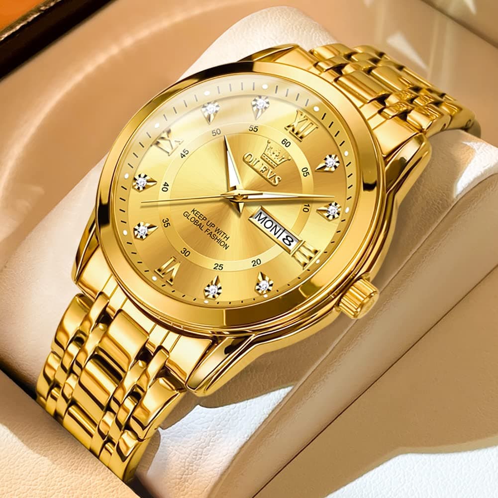 OLEVS Gold Watches for Men Luxury Waterproof Stainless Steel Day and Date, view 8