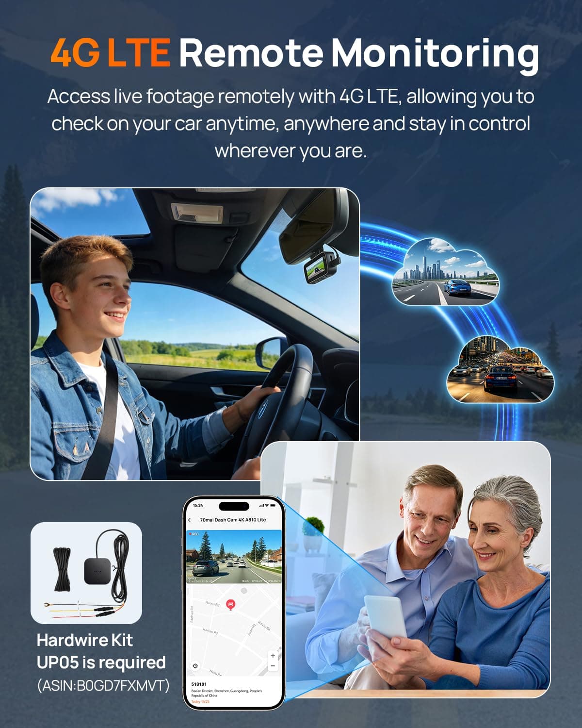 70mai A810 Lite 4K Dash Cam Front and Rear, 5GHz Wi-Fi 6 DashCam, Car Camera 4G LTE Remote Access, GPS Tracking, HDR Night Vision, 24H Parking Mode, Voice Control, Emergency Lock, view 5