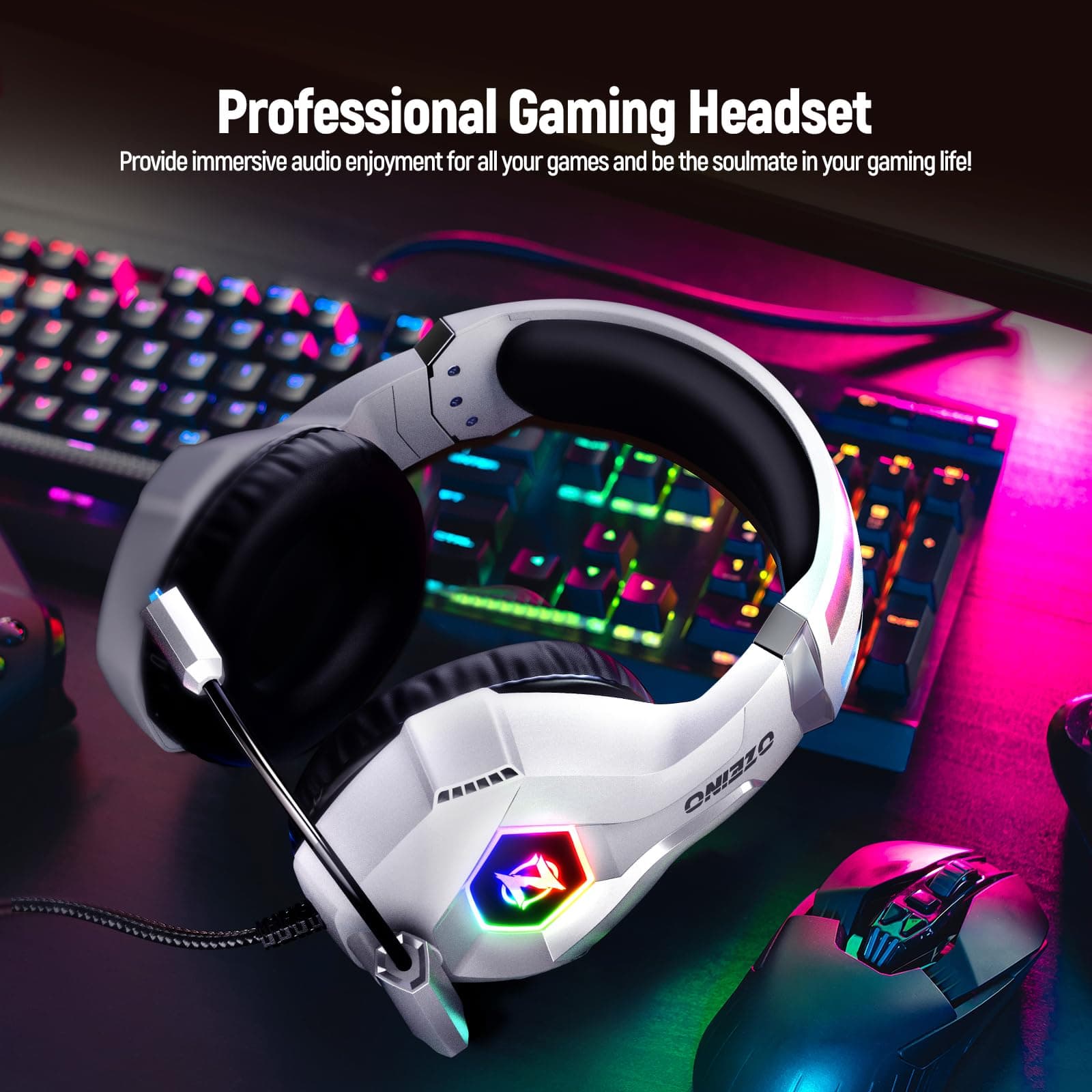 Ozeino Gaming Headset for PC, Ps4, Ps5, Xbox Headset with 7.1 Surround Sound Gaming Headphones with Noise Canceling Mic, LED Light Over Ear Headphones for Switch, Xbox Series X/S, Laptop, Mobile White, view 6