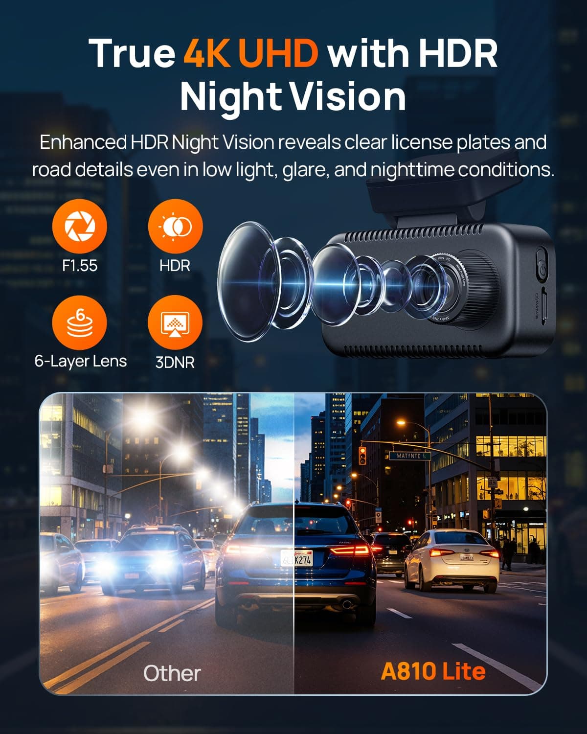 70mai A810 Lite 4K Dash Cam Front and Rear, 5GHz Wi-Fi 6 DashCam, Car Camera 4G LTE Remote Access, GPS Tracking, HDR Night Vision, 24H Parking Mode, Voice Control, Emergency Lock, view 3