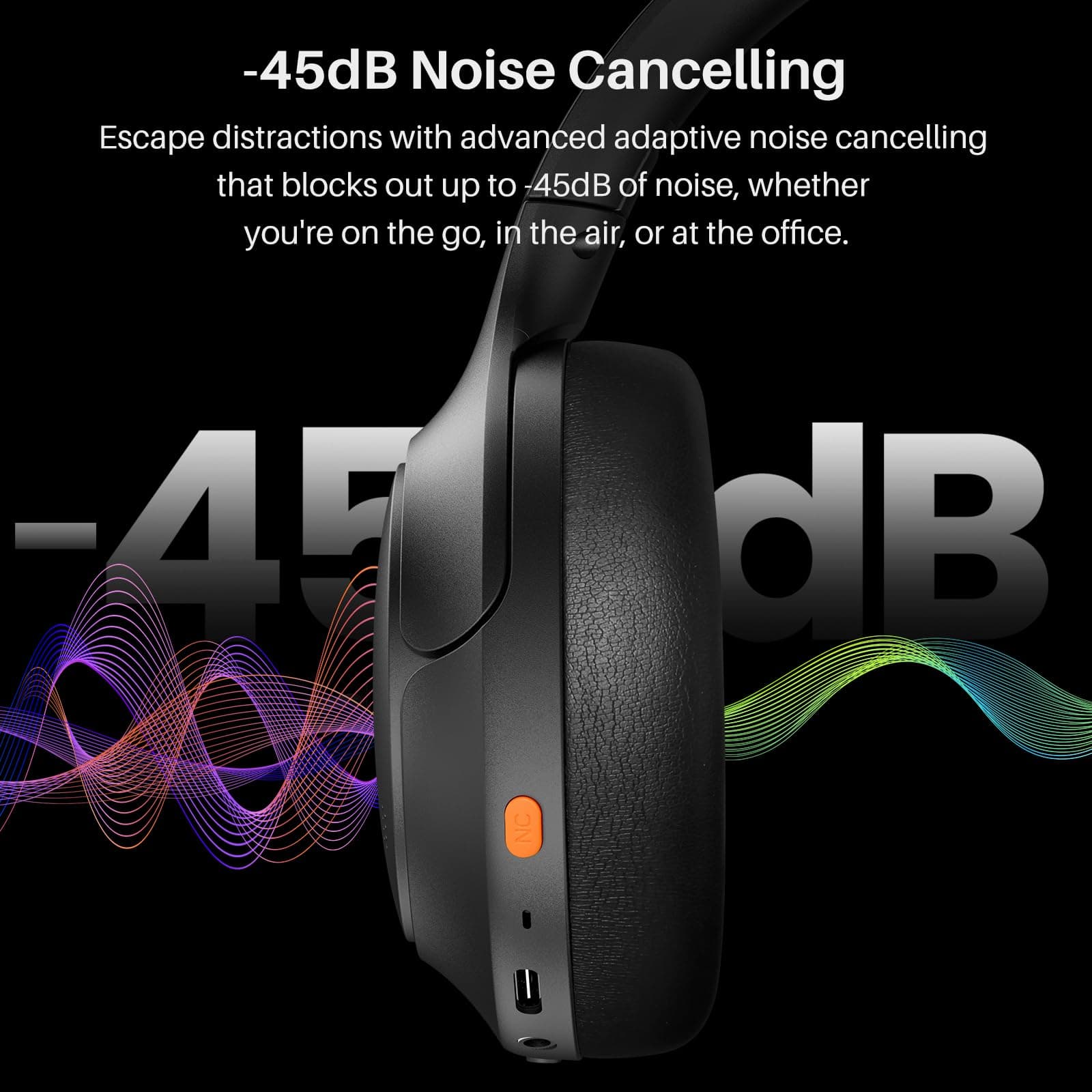 TOZO HT3 Hybrid Noise Cancelling Wireless Headphones, 90H Over Ear Headset, view 4