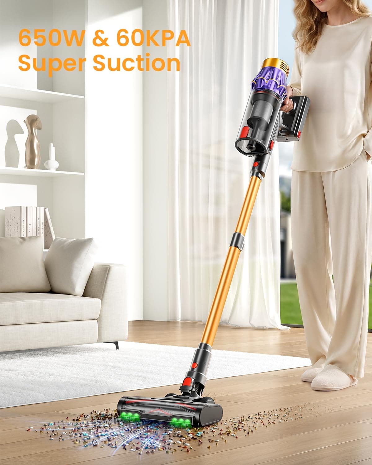Cordless Vacuum Cleaner, 650W/60KPA/70 Mins Vacuum Cleaners for Home with Self-Standing, Anti-Tangle Vacuum Cordless, Smart Display and 1.8L Cup Cordless Stick Vacuum Cleaner for Pet Hair/Carpets, view 2
