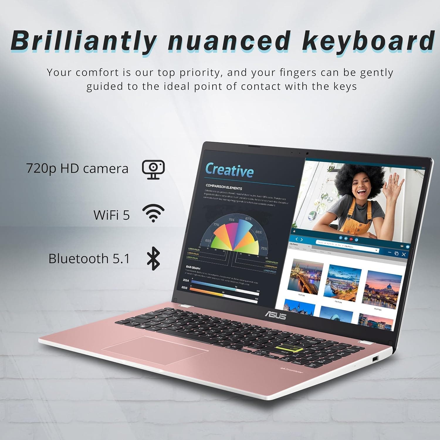 ASUS Vivobook Go 15.6" FHD Laptop, Intel Pentium Silver N6000, 4GB RAM, 128GB SSD Drive, Intel HD Graphics, HD Webcam, Wi-Fi 5, with 1-Year Office 365, Win11, Pink, view 5