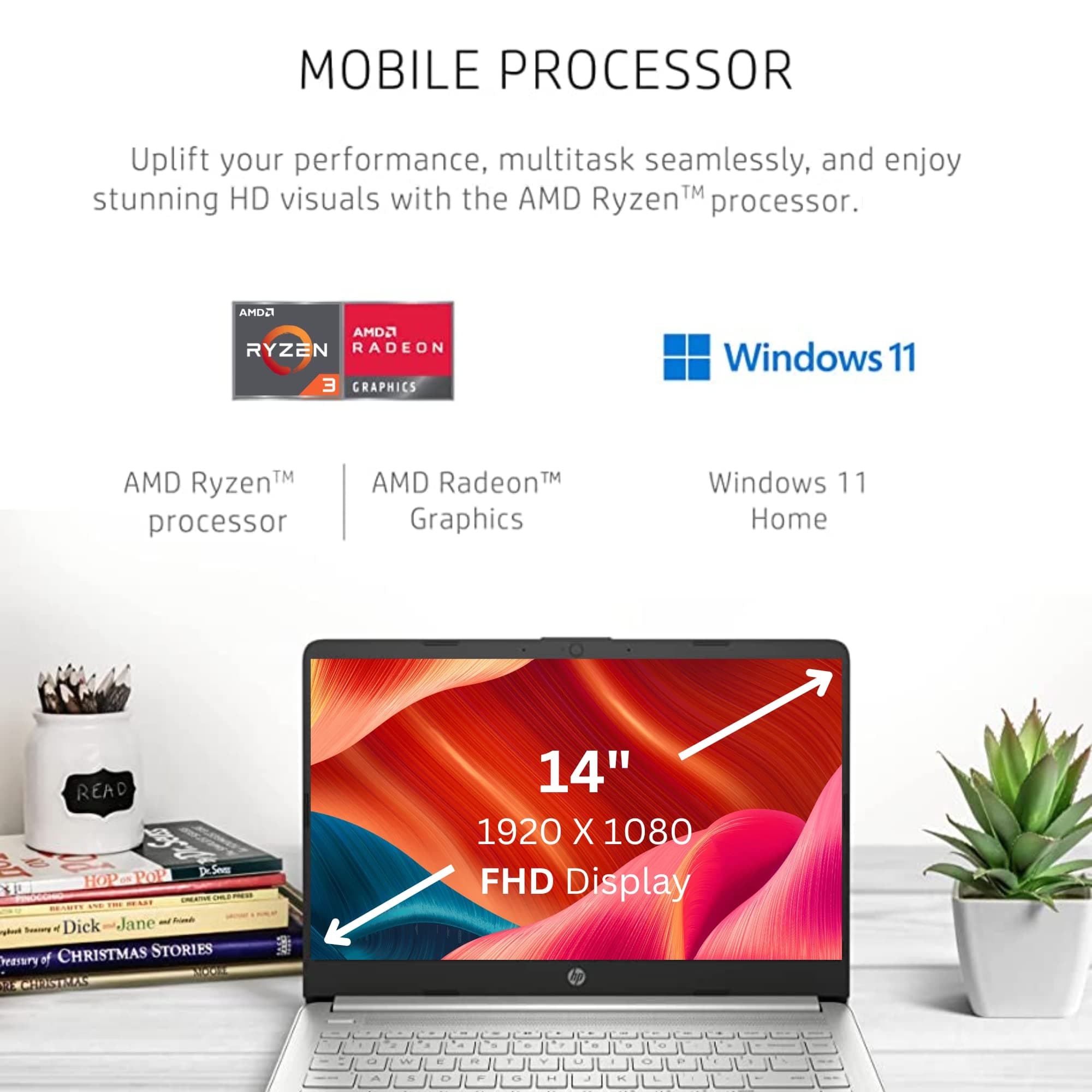 HP 14 Laptop for Productivity and Entertainment,14" FHD Display, 16GB RAM, 1TB SSD, AMD Ryzen 3 Processor Upto 3.5GHz, Type-C, HDMI, Fast Charge, 10 Hrs Long Battery Life, Windows 11, view 2