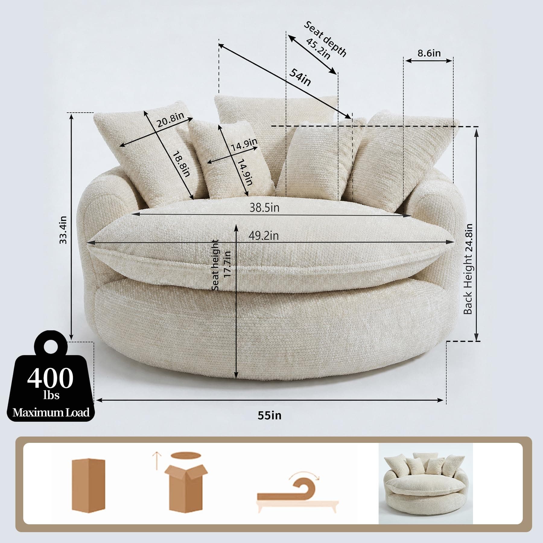 Gfovixo Oversized Chenille Round Sofa, Fluffy Reading Chair for Living Room, view 2