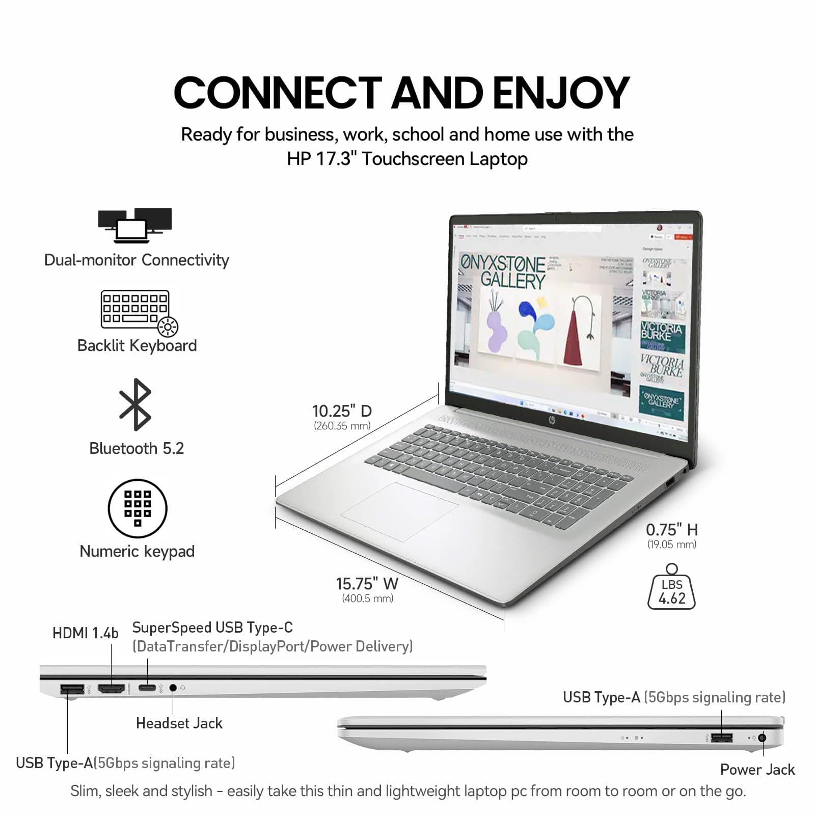 2026 HP 17 Inch Laptop Touchscreen Computer, 17.3 HD+ IPS Touch screen Business Laptop AI PC, 15th Gen Intel Core Ultra 7(12-Core), 16GB DDR5 RAM 512GB SSD|Windows 11 Pro,10-Key Backlit Keyboard|WiFi6, view 8