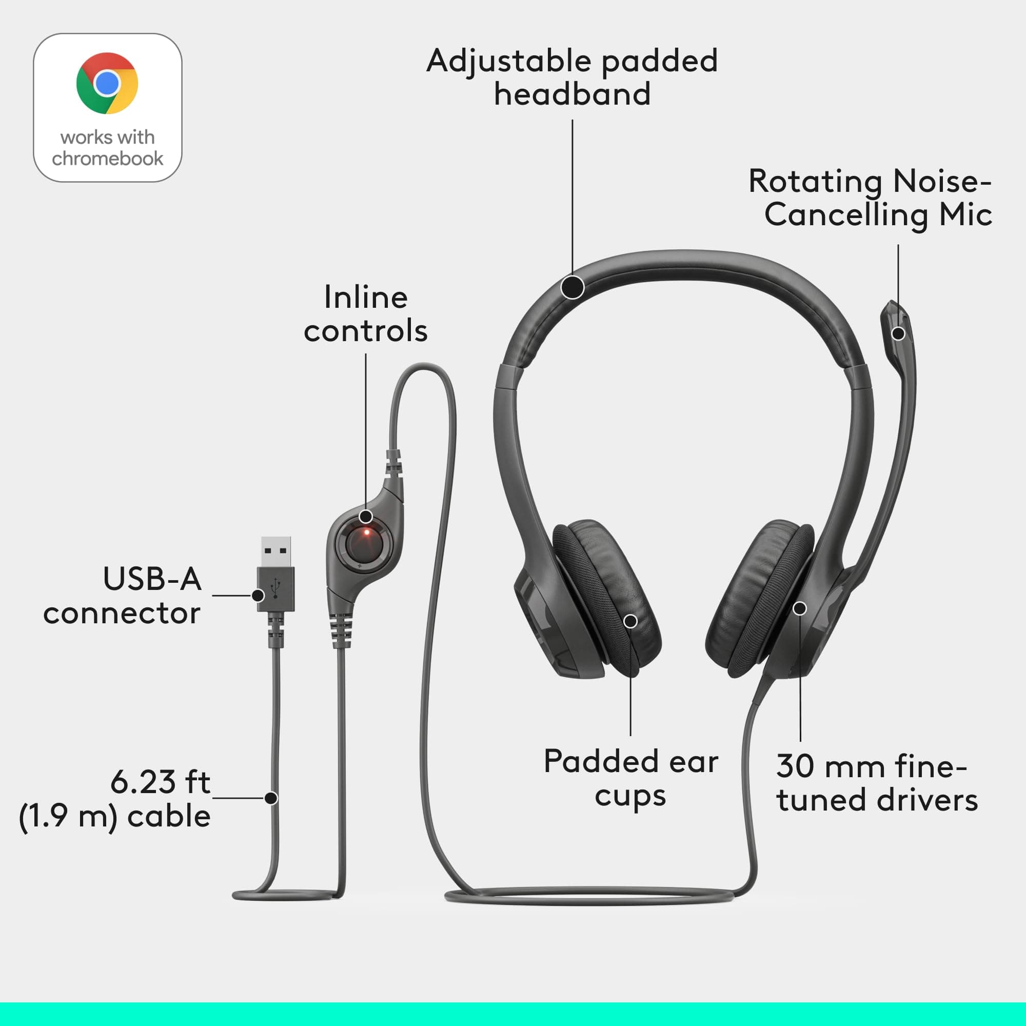 Logitech H390 Wired Headset PC/Laptop Stereo Headphones, USB-A, Black, view 6