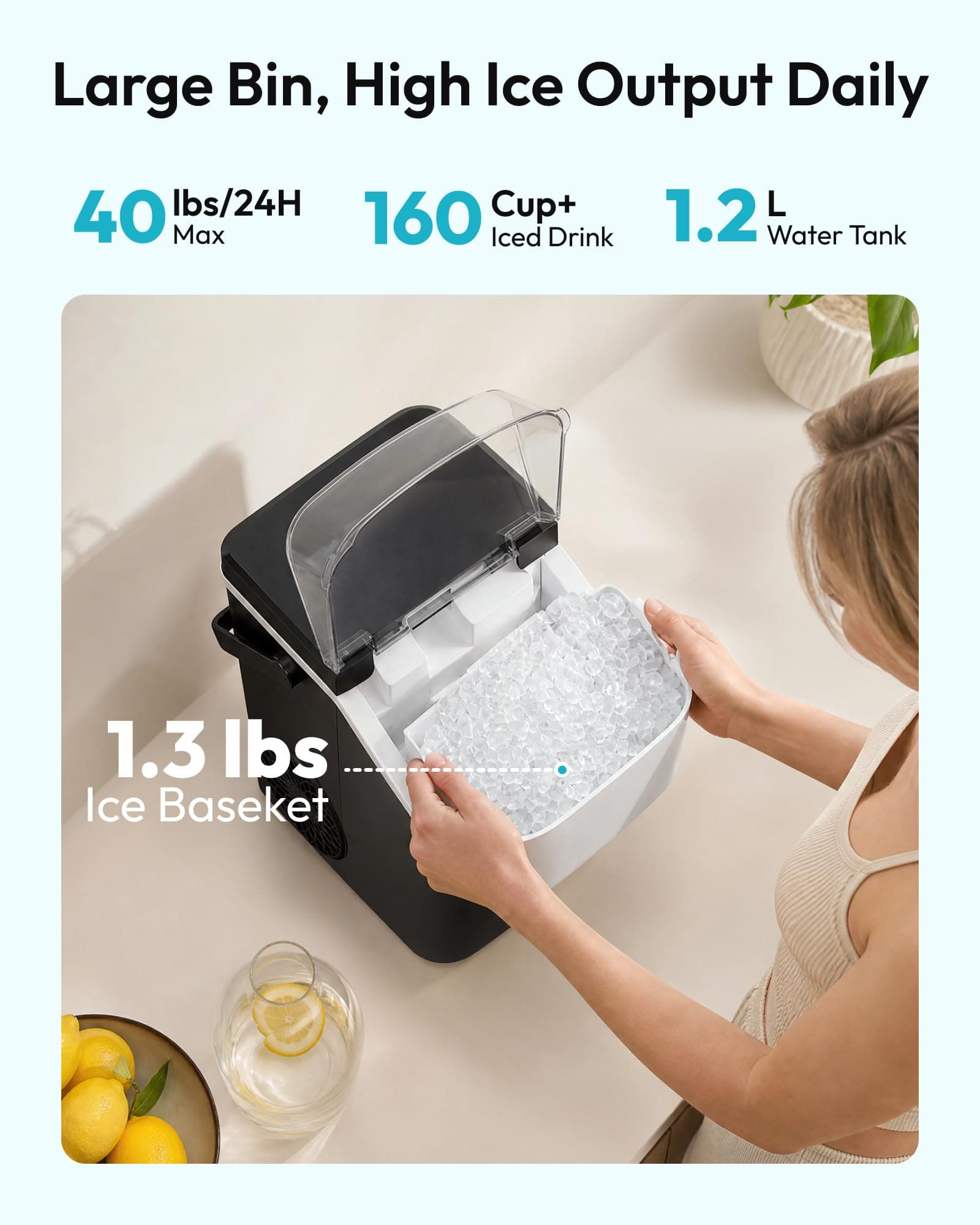 EUHOMY Nugget Ice Maker Countertop with Handle, Max 40lbs Daily Sonic Ice, view 3