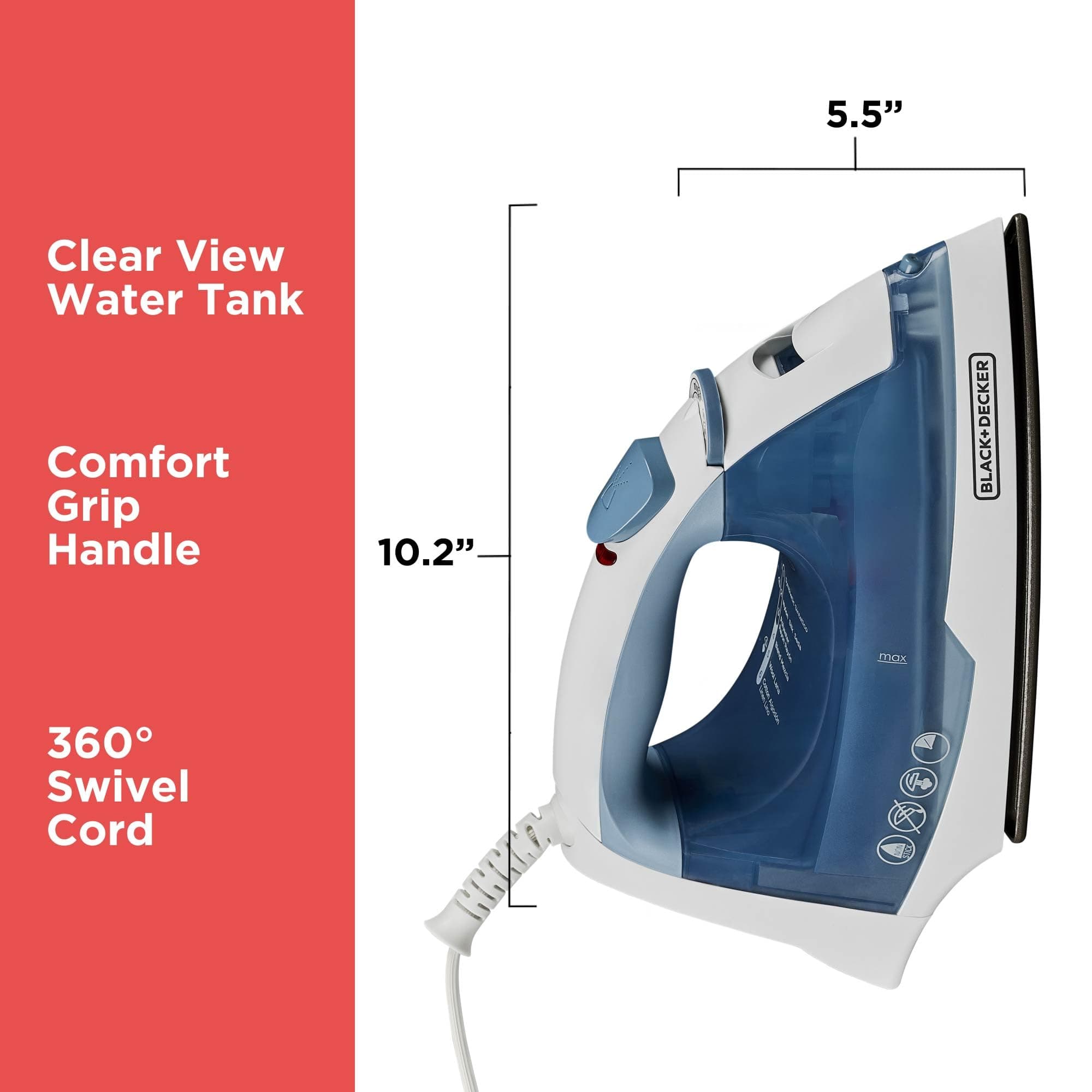 BLACK+DECKER Steam Iron for Clothes with Auto Shutoff & TrueGlide Soleplate, view 8
