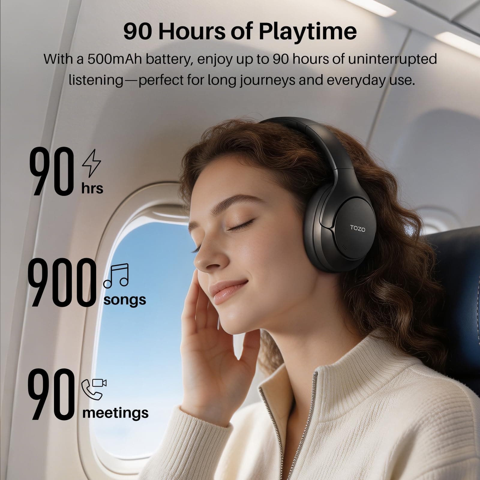 TOZO HT3 Hybrid Noise Cancelling Wireless Headphones, 90H Over Ear Headset, view 5