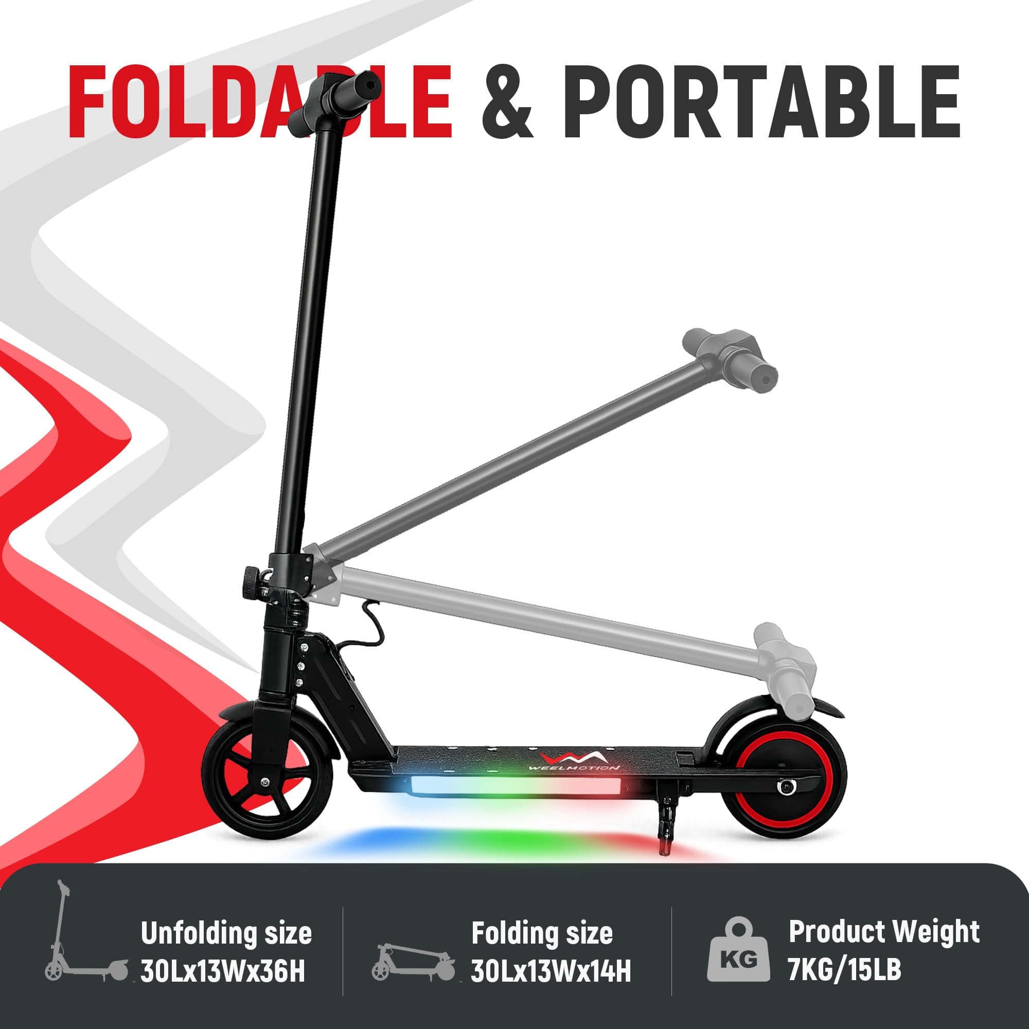 WEELMOTION Foldable Electric Scooter for Kids, Bright Front Lights, Shining Pedal Lights, LED Display, Dual Brakes 150W Motor Kids Electric Scooter, UL2272 Certified,Classic Black, view 5