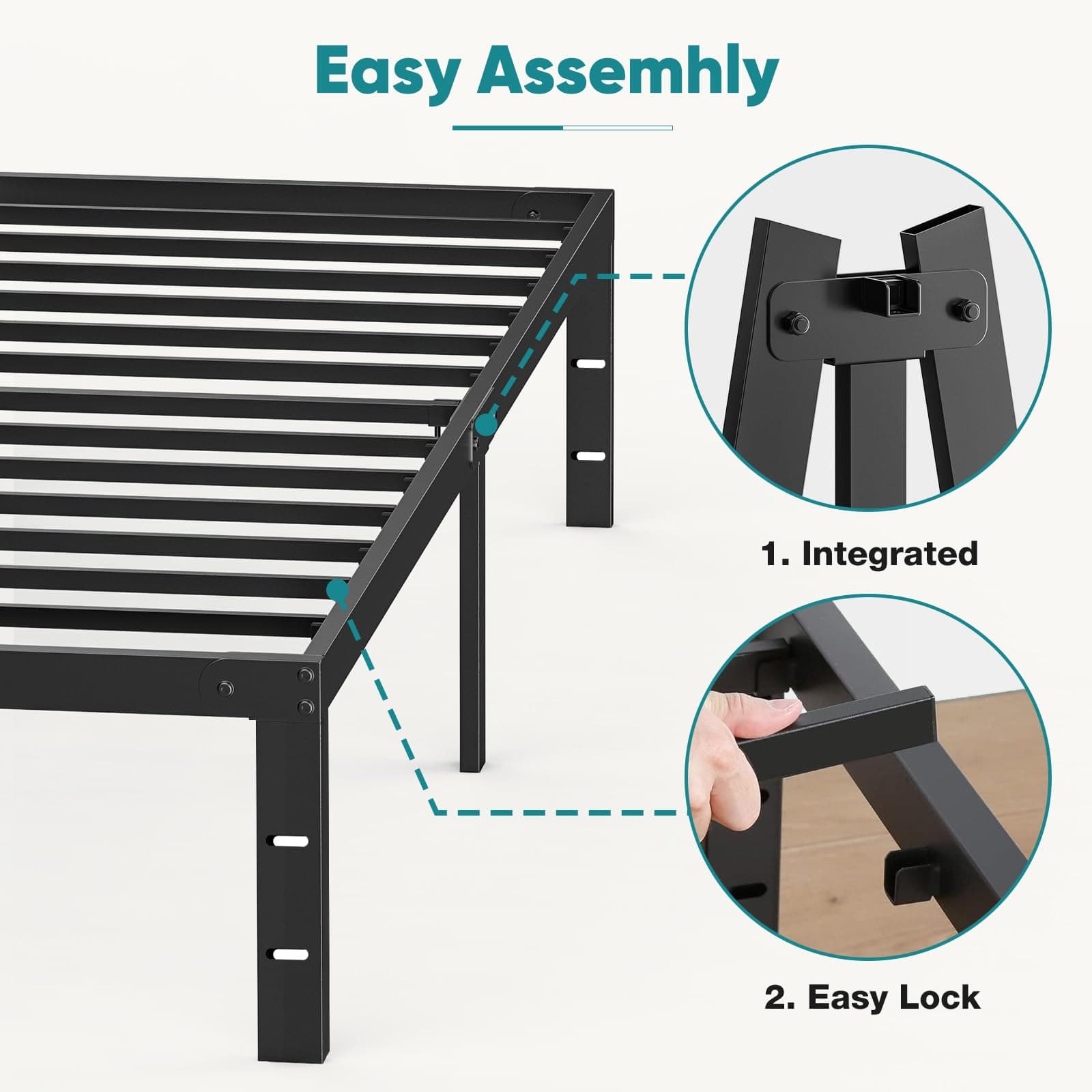 OLIXIS Twin Metal Platform Bed Frame - 14in High Heavy Duty Mattress Foundation with Storage Space, No Box Spring Needed, Sturdy Steel Slat Support, Easy Assembly, Black, view 6