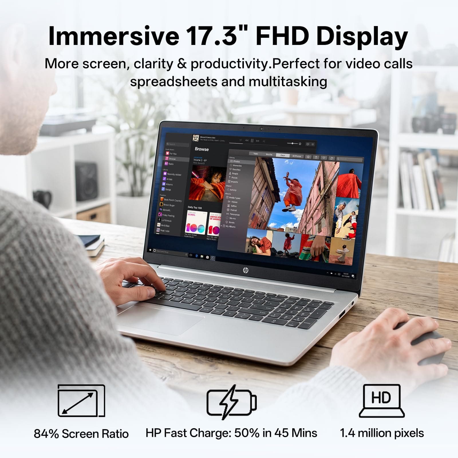 HP 17.3" FHD Copilot AI Laptop PC, AMD Ryzen 7 7730U, 16GB RAM 512GB SSD, view 4
