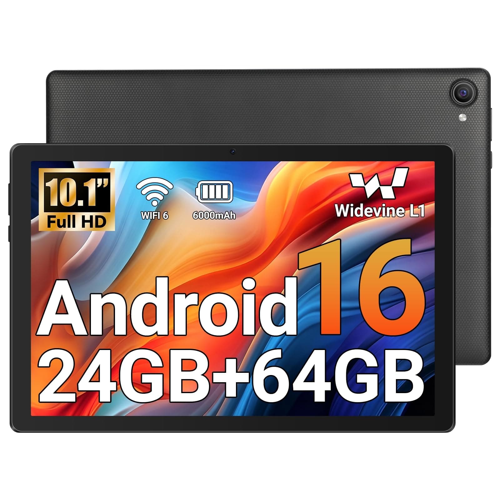 Jeazans Tablet, 10.1" Android 16 Tablet, 24GB RAM 64GB ROM 1TB Expand, 6000mAh Battery, Dual 5MP+8MP Camera, 1280x800 IPS HD Touchscreen, Widevine L1, Wi-Fi 6 BT 5.4 GMS Certified, Face Unlock