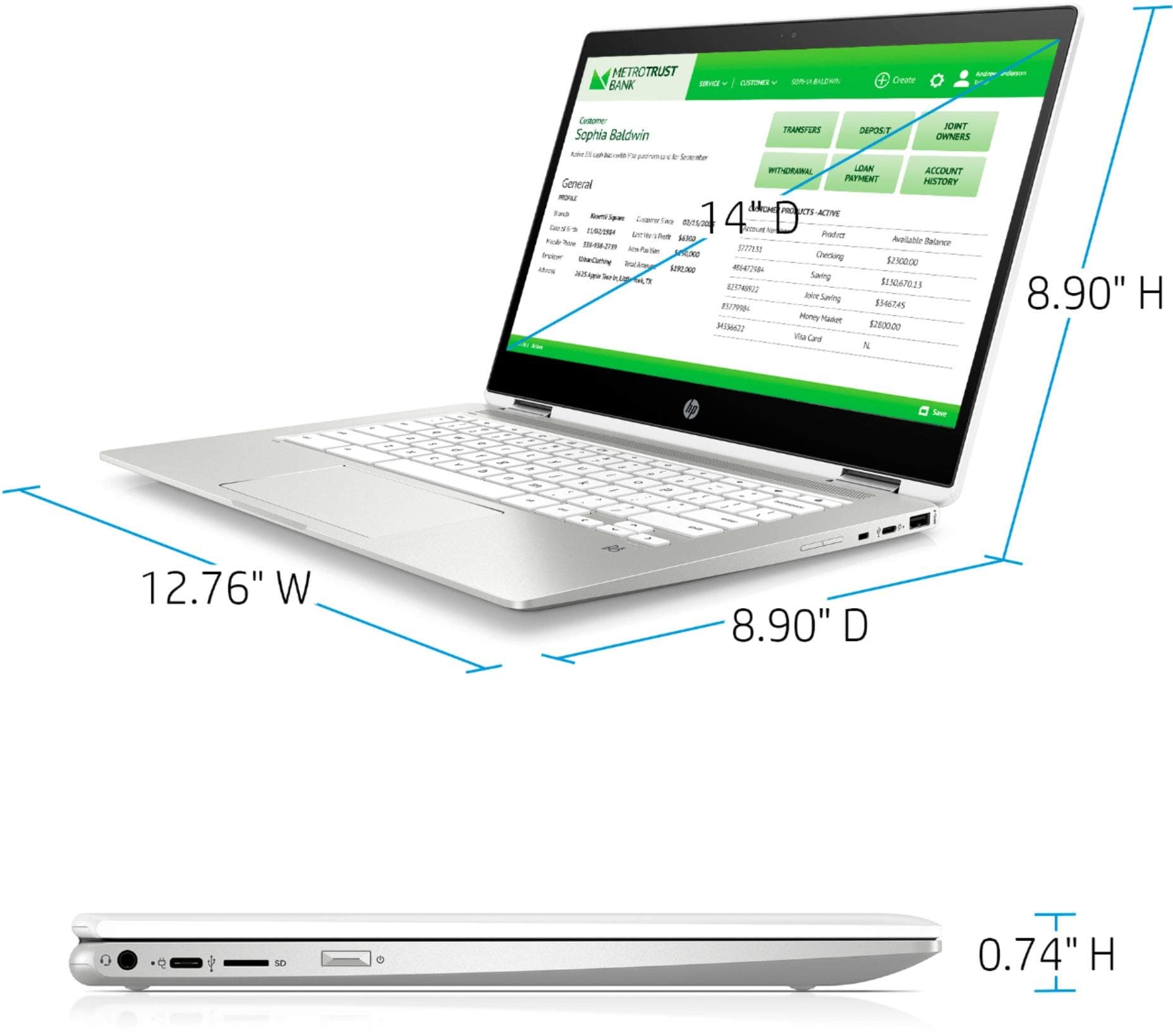 HP Chromebook x360-14 HD Touch - Celeron N4000-4GB - 32GB eMMC - Silver White, view 7