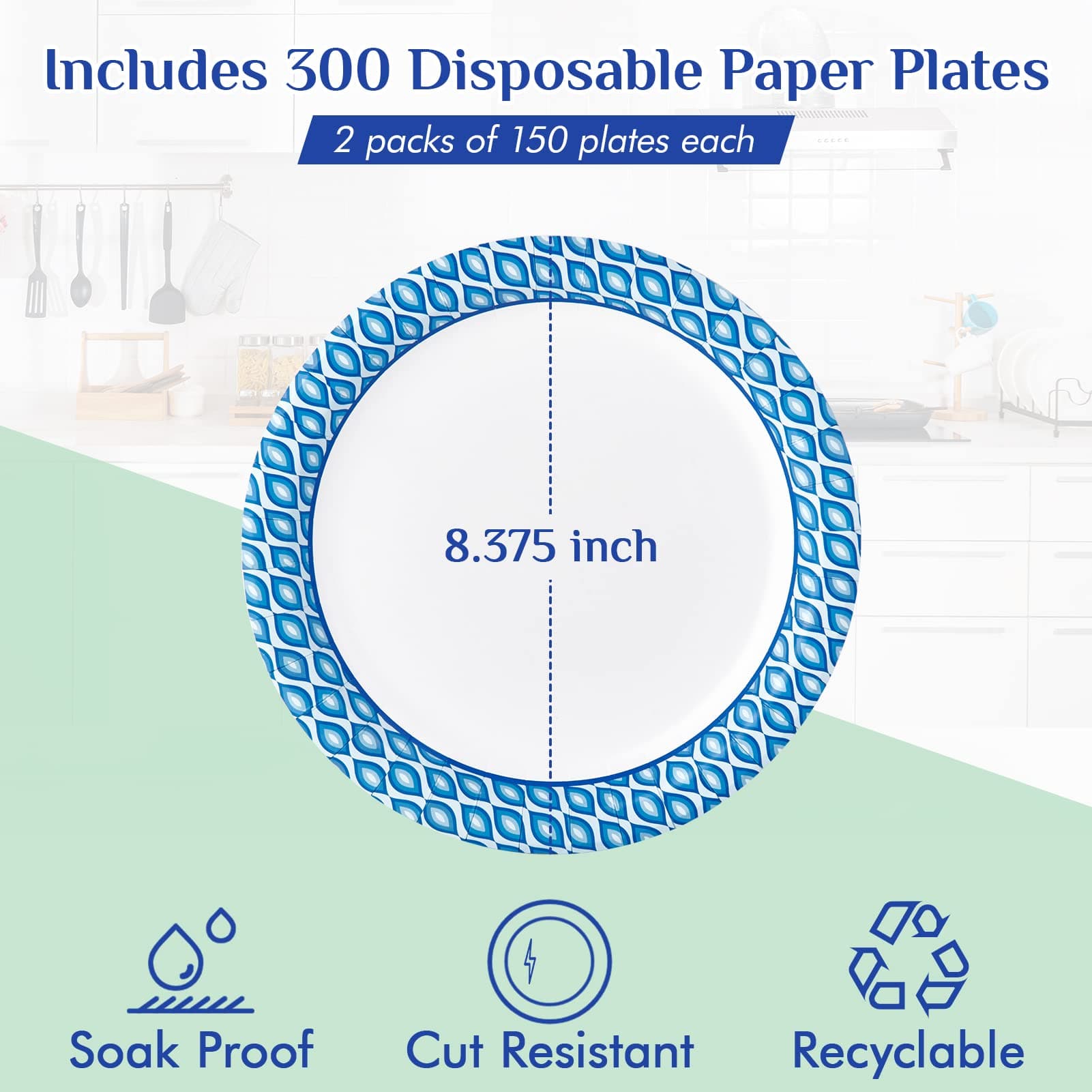 MUCHII 8.375 Inch Paper Plates, 300 Count Disposable Plates Bulk Pack, view 3