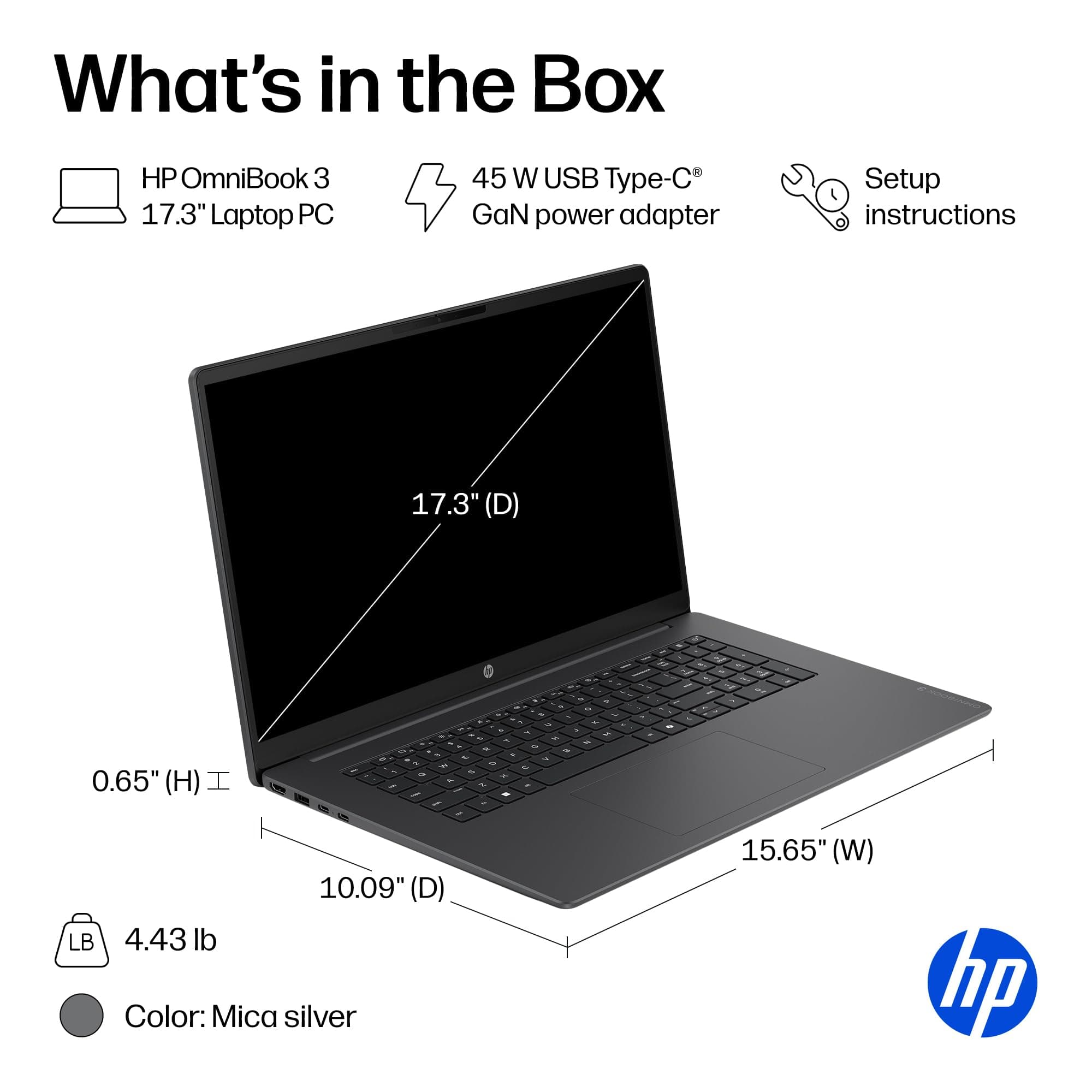 HP OmniBook 3 17.3 inch Laptop PC, FHD Display, AMD Ryzen 3 30, 8 GB RAM, 512 GB SSD, AMD Radeon 610M Graphics, Windows 11 Home, Mica Silver, 17-dp0199nr, view 11