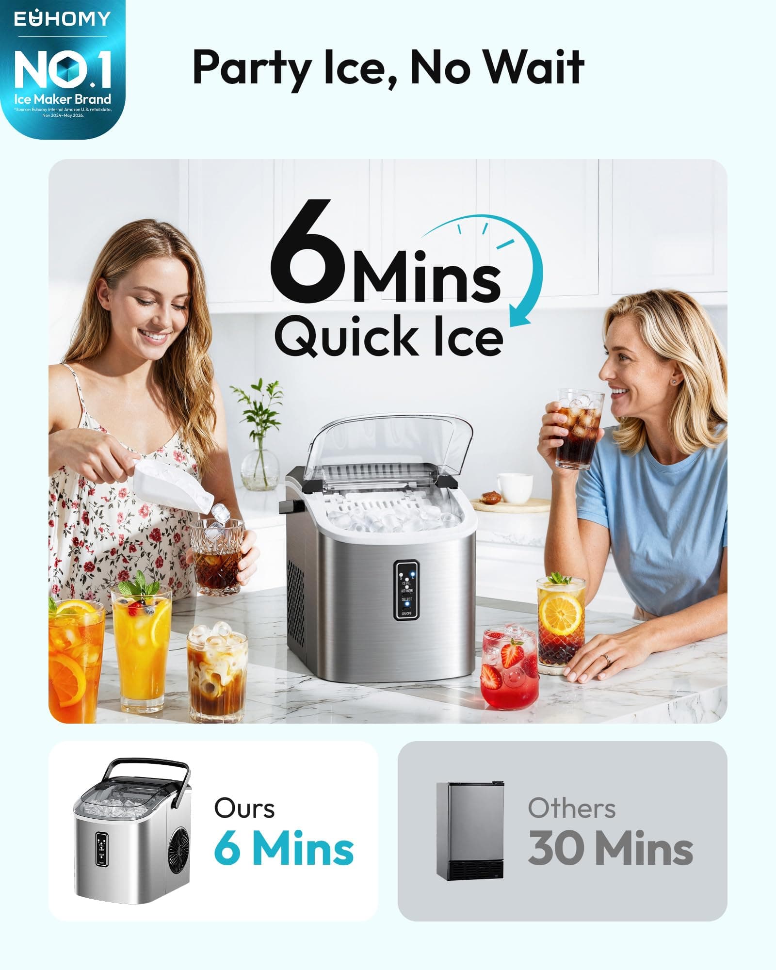 EUHOMY Ice Maker Countertop, 9 Cubes Ready in 6 Mins, 26lbs/24H, Self-Cleaning, Portable Ice Maker Machine with Carry Handle, Basket and Scoop, 2 Sizes of Bullet Ice for Home, Kitchen, Office, view 2