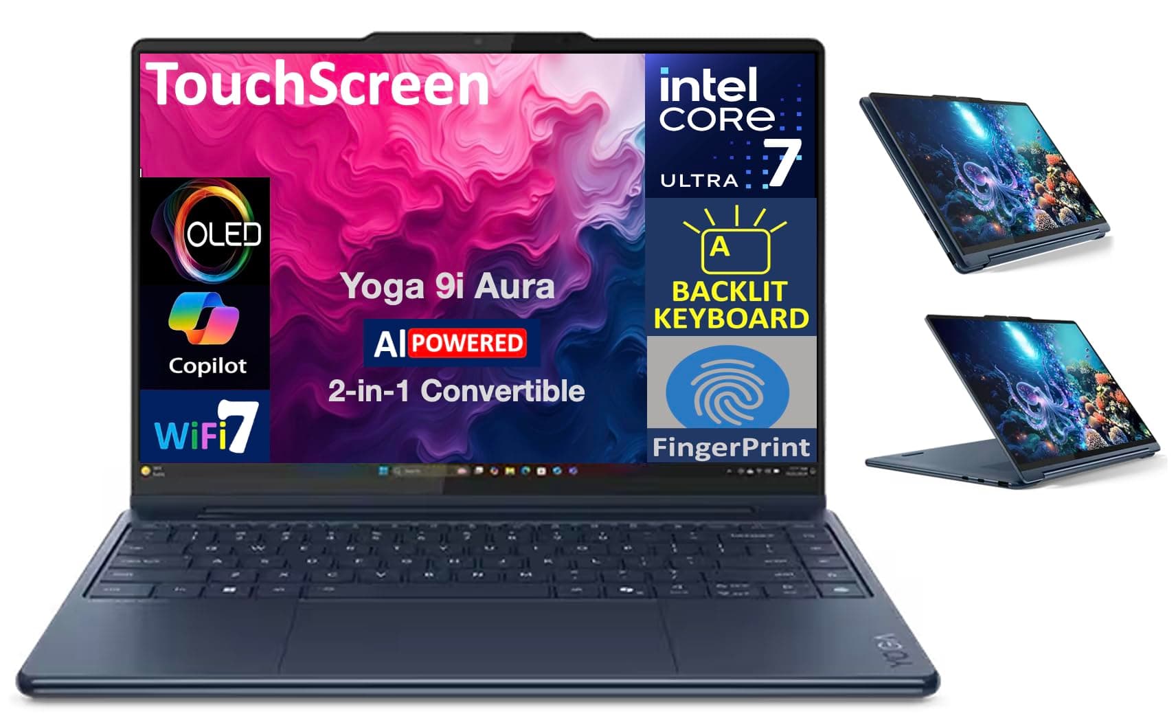Lenovo Yoga 9i Aura Edition HIGH Performance 2-in-1 Laptop 14.0" Touchscreen OLED 2.8K Display (Intel Ultra 7-258V, 32GB LPDDR5X, 1TB SSD, Backlit KB, Fingerprint, Win11Pro) w/DKZ USB Port Expander, view 3
