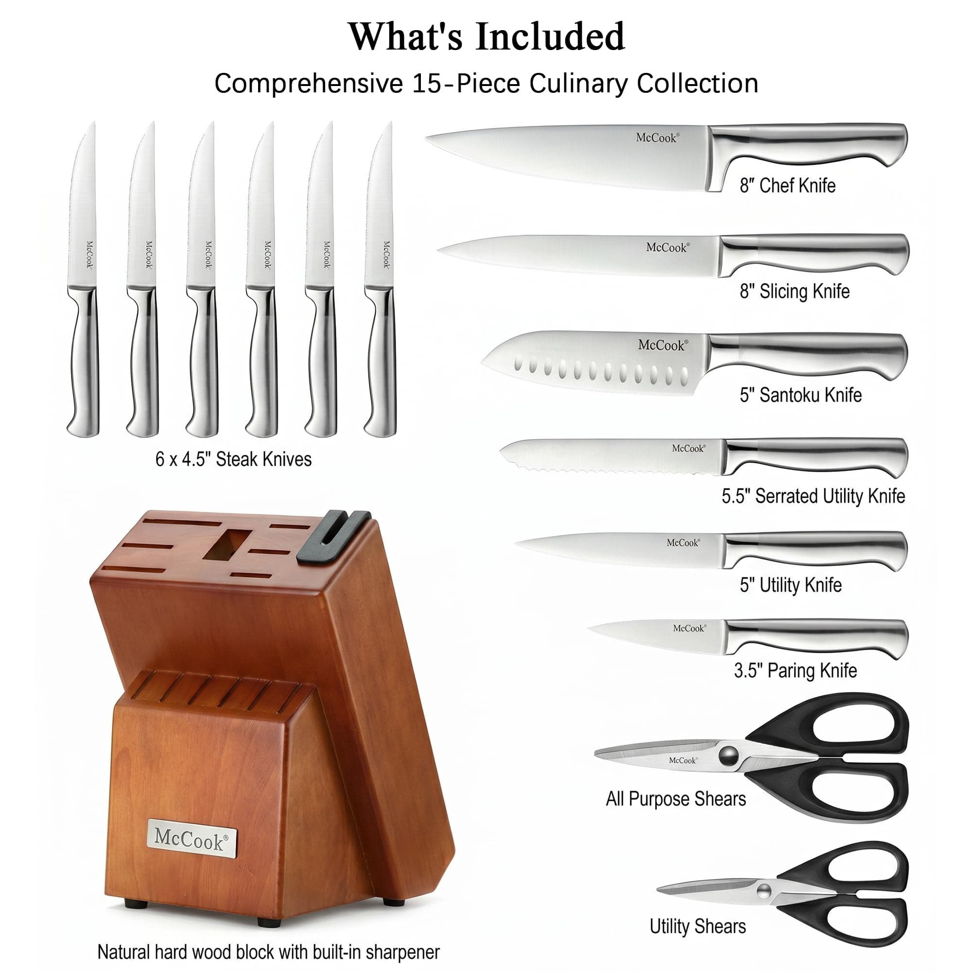 McCook Kitchen Knife Set 15PC Knife Block Set w Built-in Sharpener, view 2