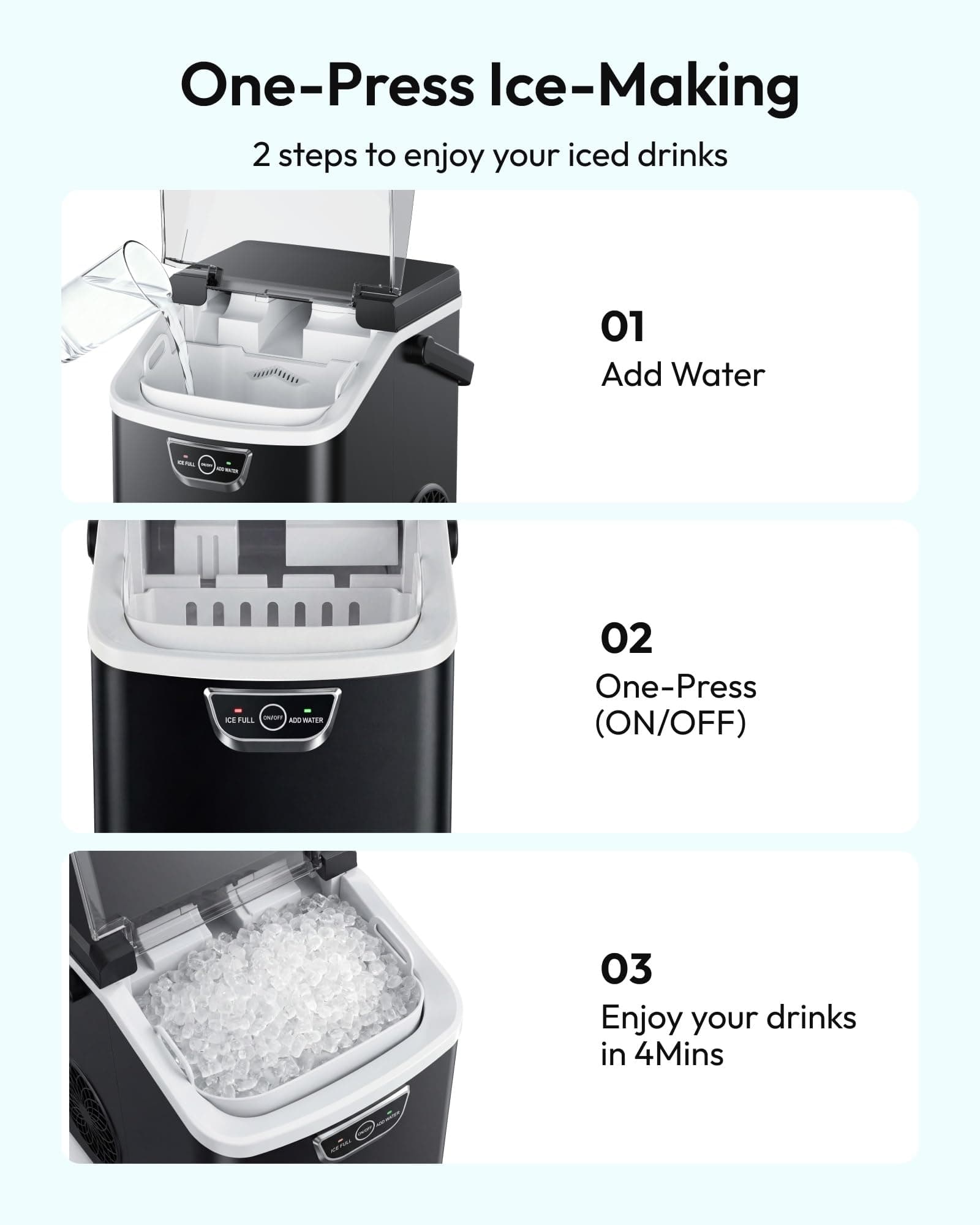 EUHOMY Nugget Ice Maker Countertop with Handle, Max 40lbs Daily Sonic Ice, view 7