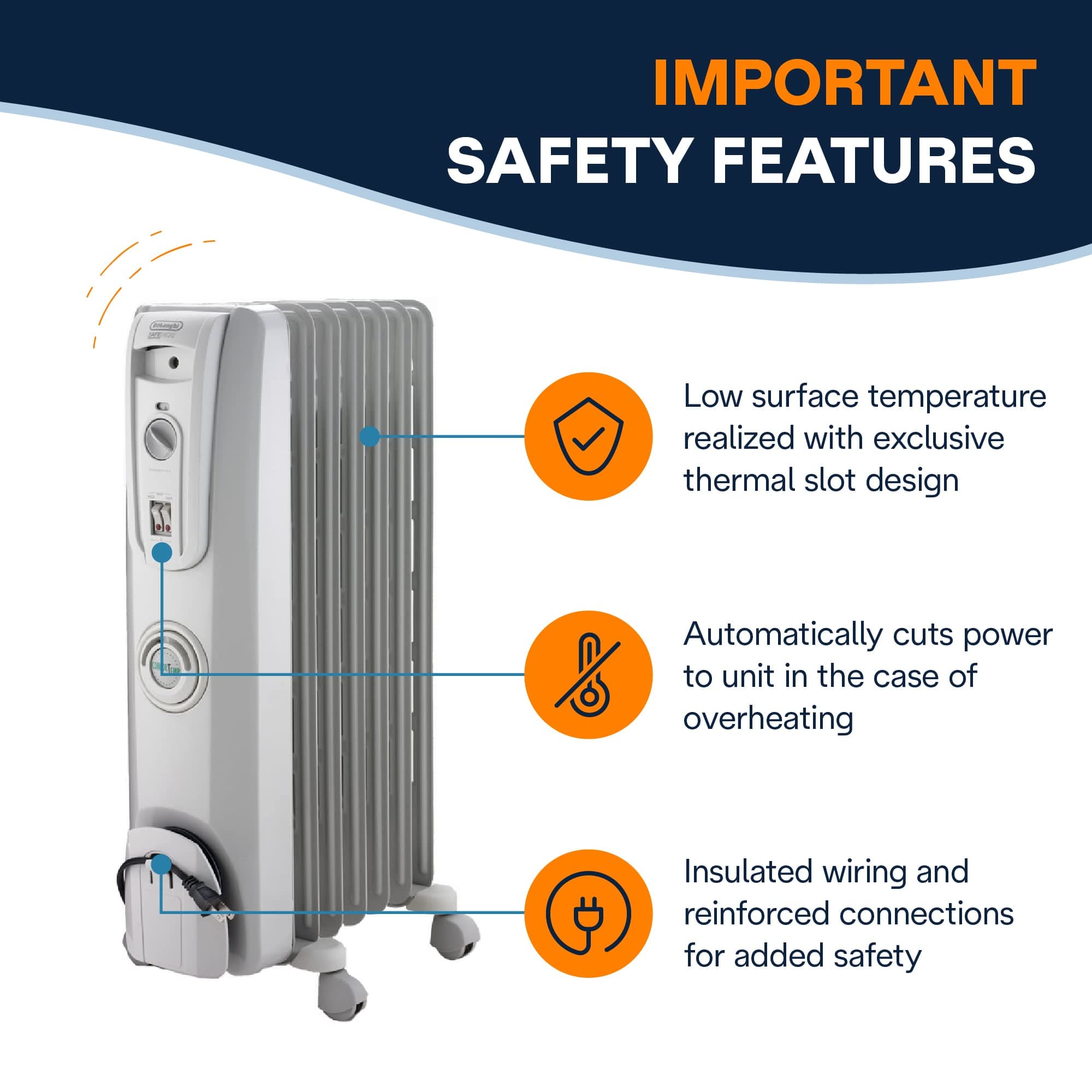 De'Longhi Oil filled Radiator Heater, 1500W Electric Space Heater for indoor use, portable room heater, Energy Saving, full room like office and bedroom with safety features, EW7707CM, view 4