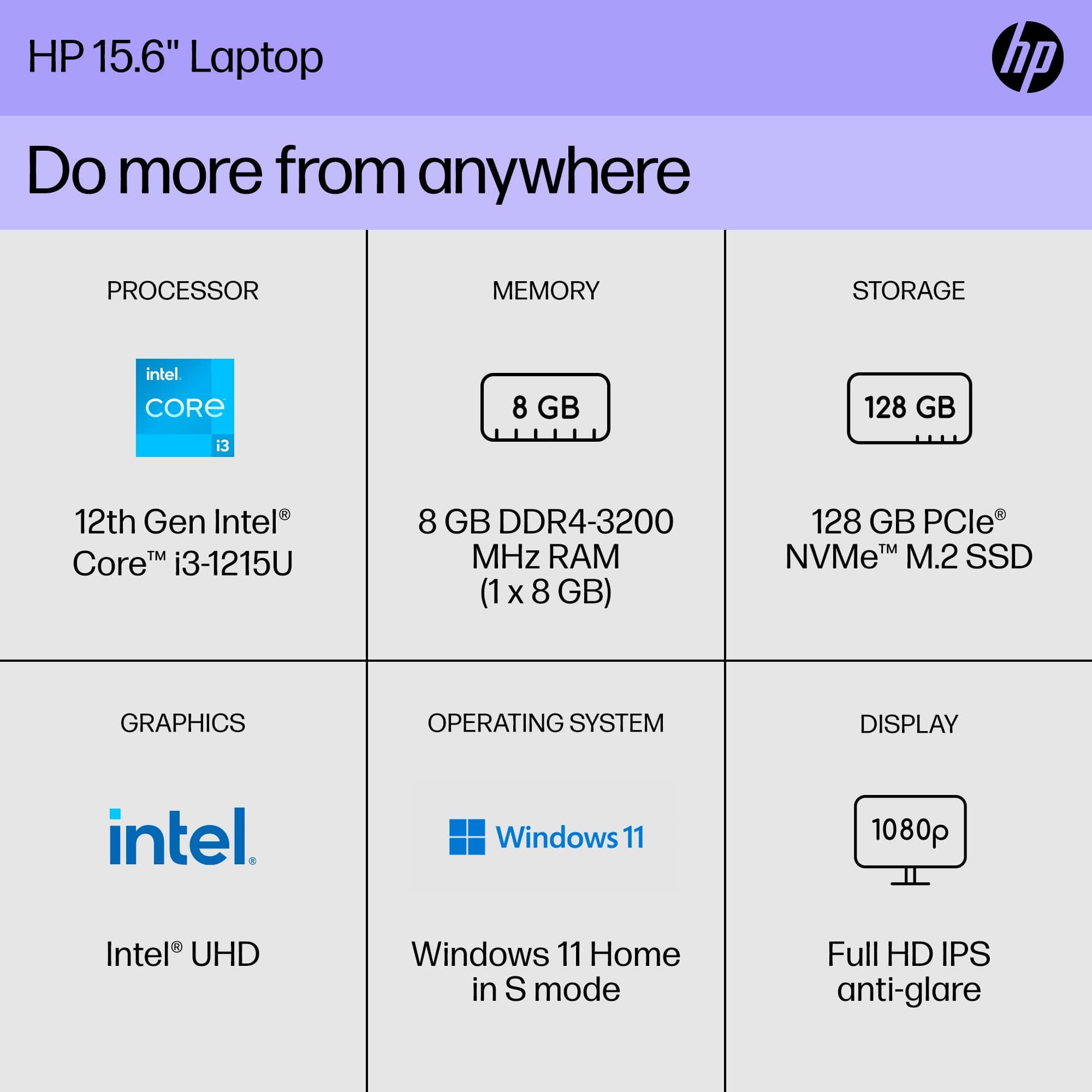 HP 15 inch Laptop, FHD Display, 12th Generation Intel Core i3-1215U, 8 GB RAM, 128 GB SSD, Intel UHD Graphics, Windows 11 Home in S Mode, 15-dy5599nr (2023), view 2