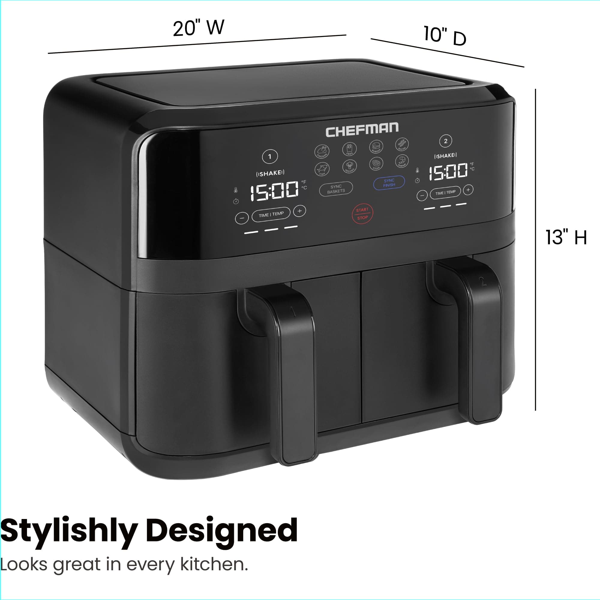 Chefman TurboFry Touch Dual Air Fryer, Maximize The Healthiest Meals With Double Basket Capacity, One-Touch Digital Controls And Shake Reminder For The Perfect Crispy And Low-Calorie Finish, view 8