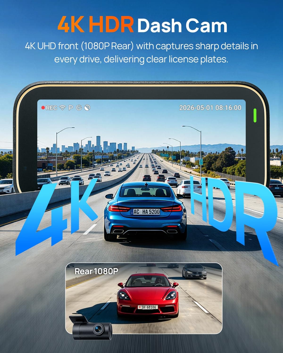70mai A810 Lite 4K Dash Cam Front and Rear, 5GHz Wi-Fi 6 DashCam, Car Camera 4G LTE Remote Access, GPS Tracking, HDR Night Vision, 24H Parking Mode, Voice Control, Emergency Lock, view 2